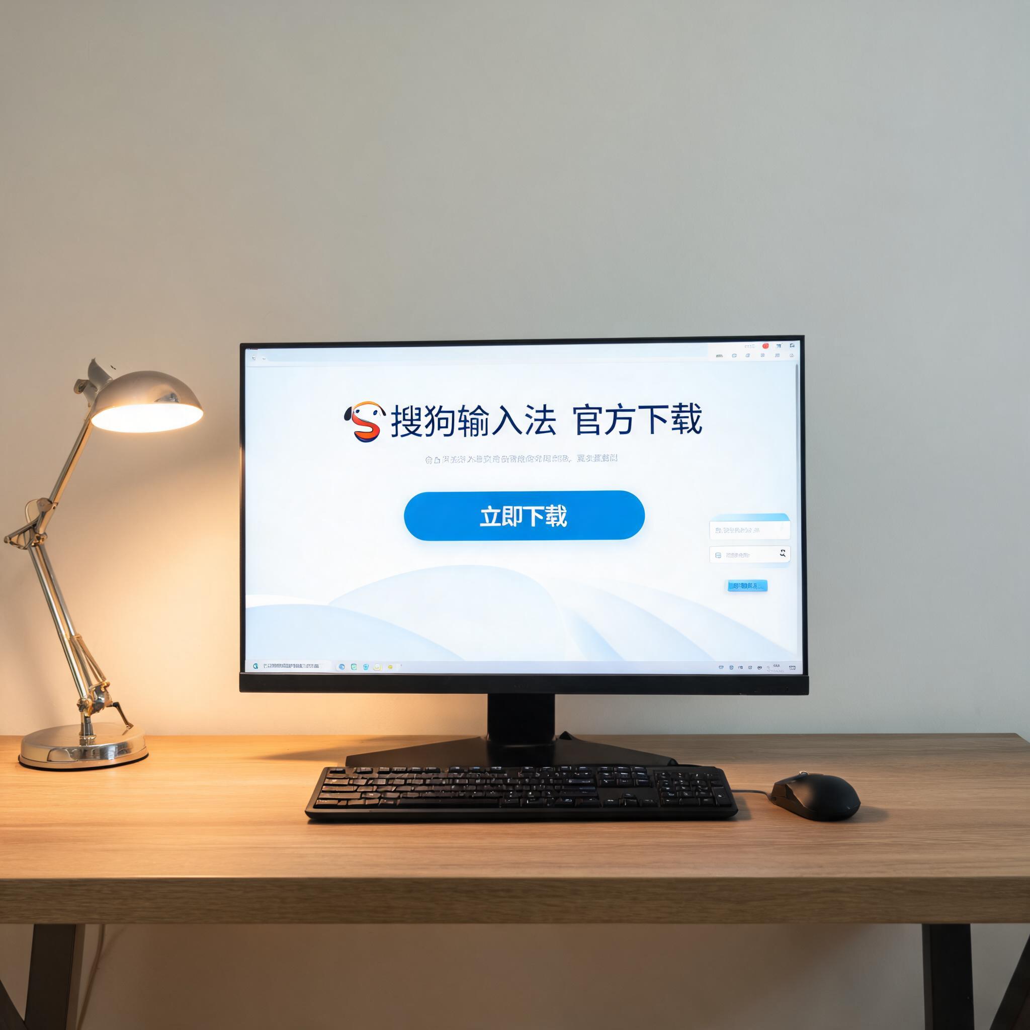 电脑桌上的电脑，屏幕显示搜狗输入法官方下载界面，旁边放着台灯