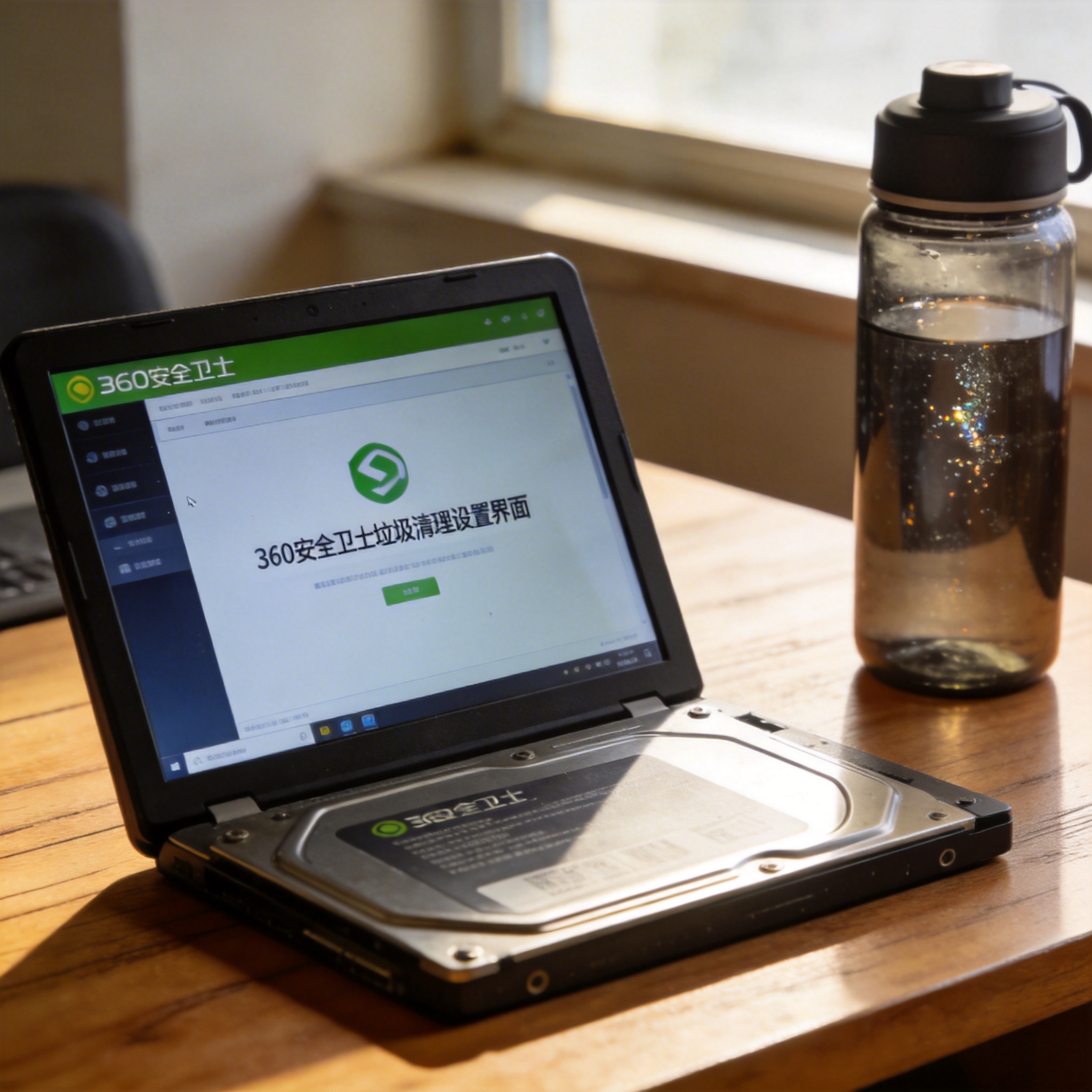 书桌上的硬盘，屏幕显示360 安全卫士垃圾清理设置界面，桌角放着水杯，自然光