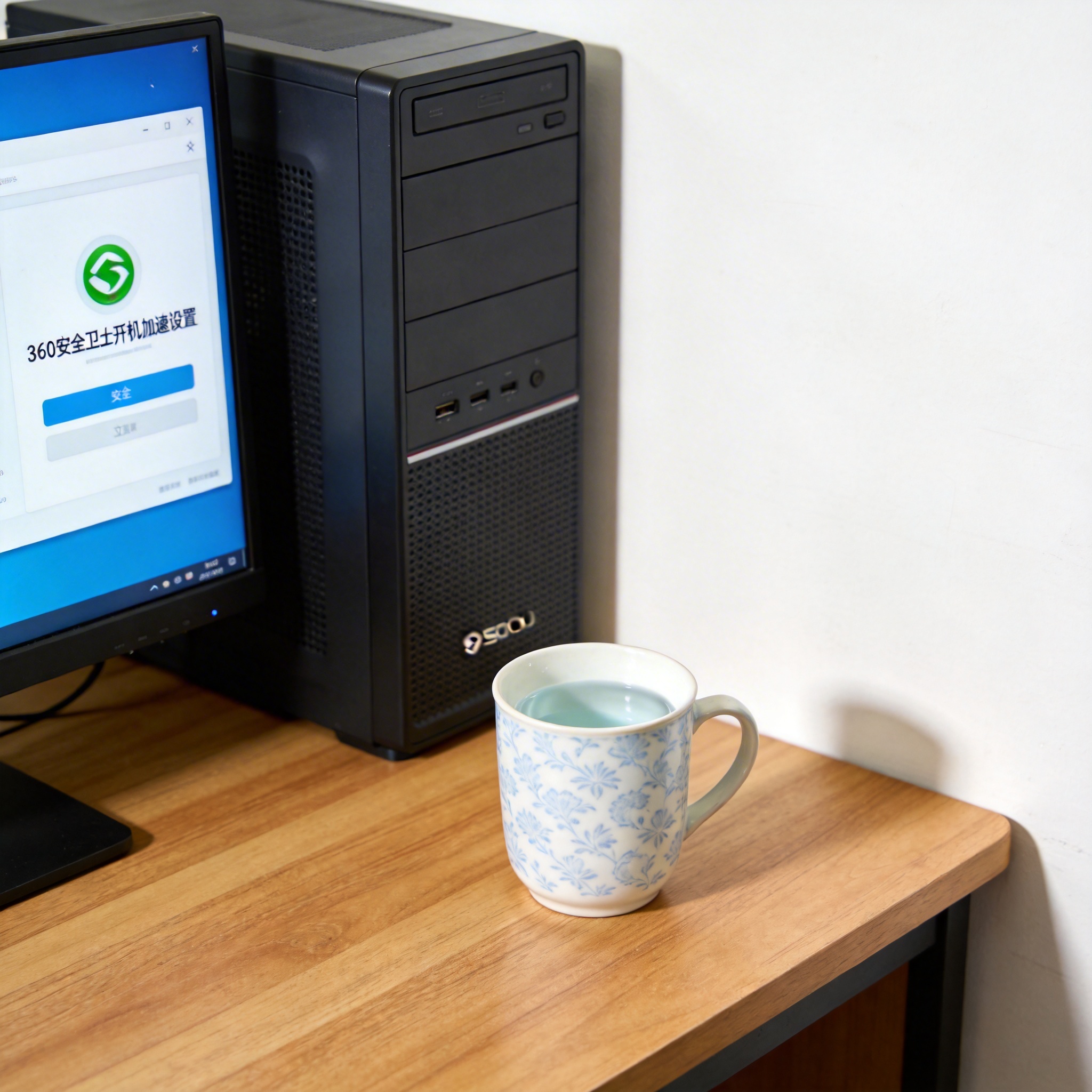 书桌上的主机，屏幕显示360 安全卫士开机加速设置设置界面，桌角放着水杯，自然光