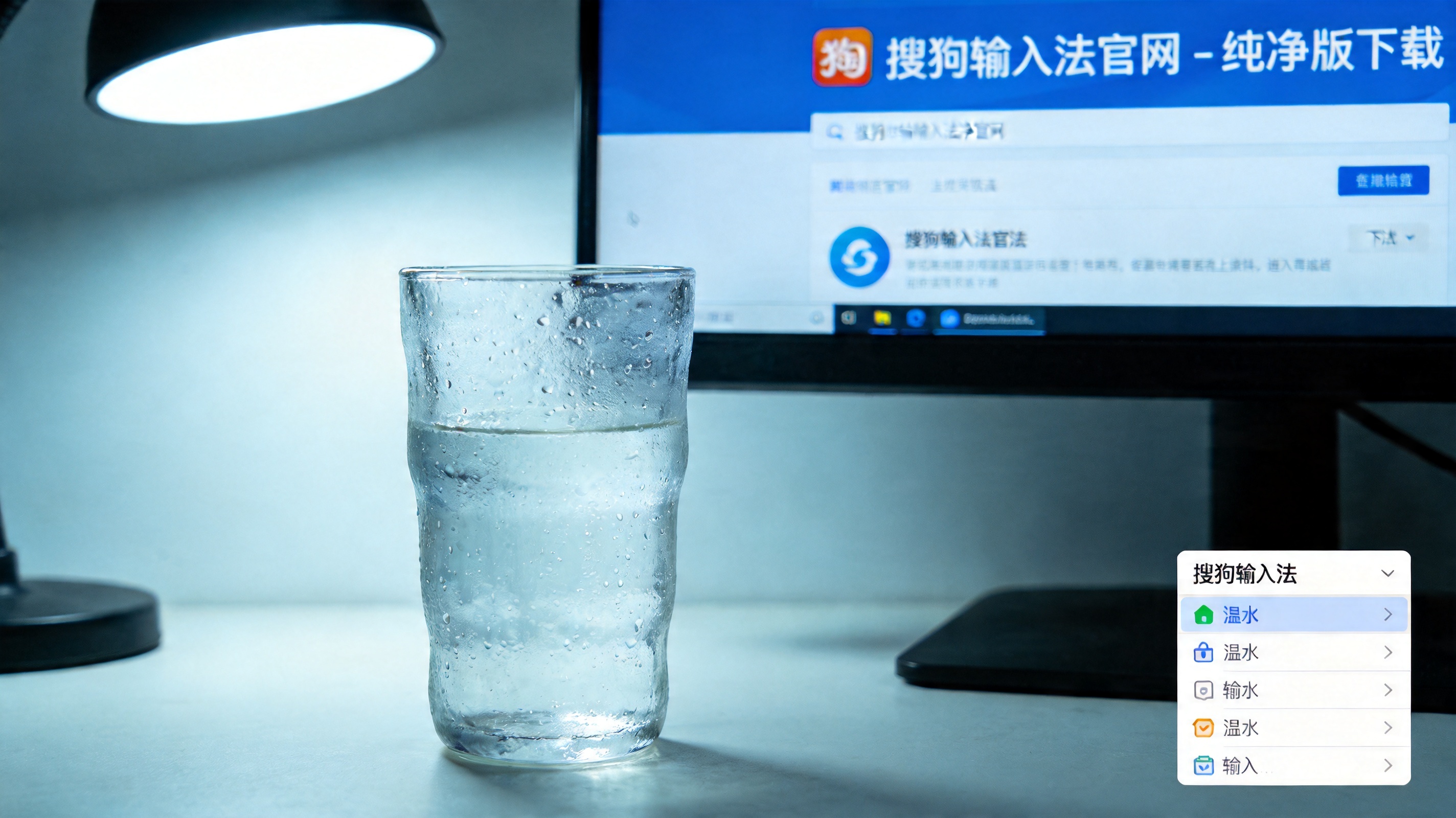 电脑屏幕显示搜狗输入法官网的纯净版下载页面，桌面右下角的输入法列表里显示搜狗输入法，旁边放着半杯温水，台灯冷光