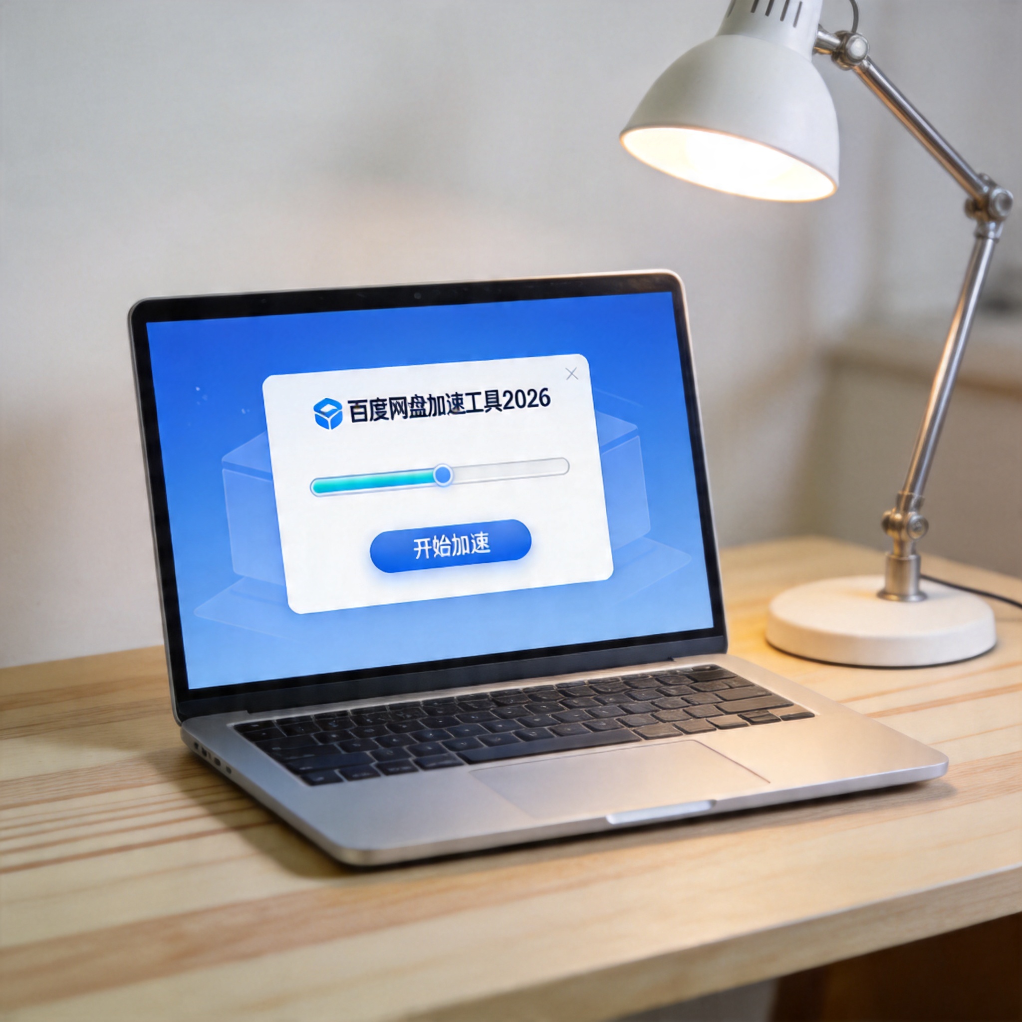 电脑桌上的电脑，屏幕显示百度网盘加速工具 2026界面，旁边放着台灯