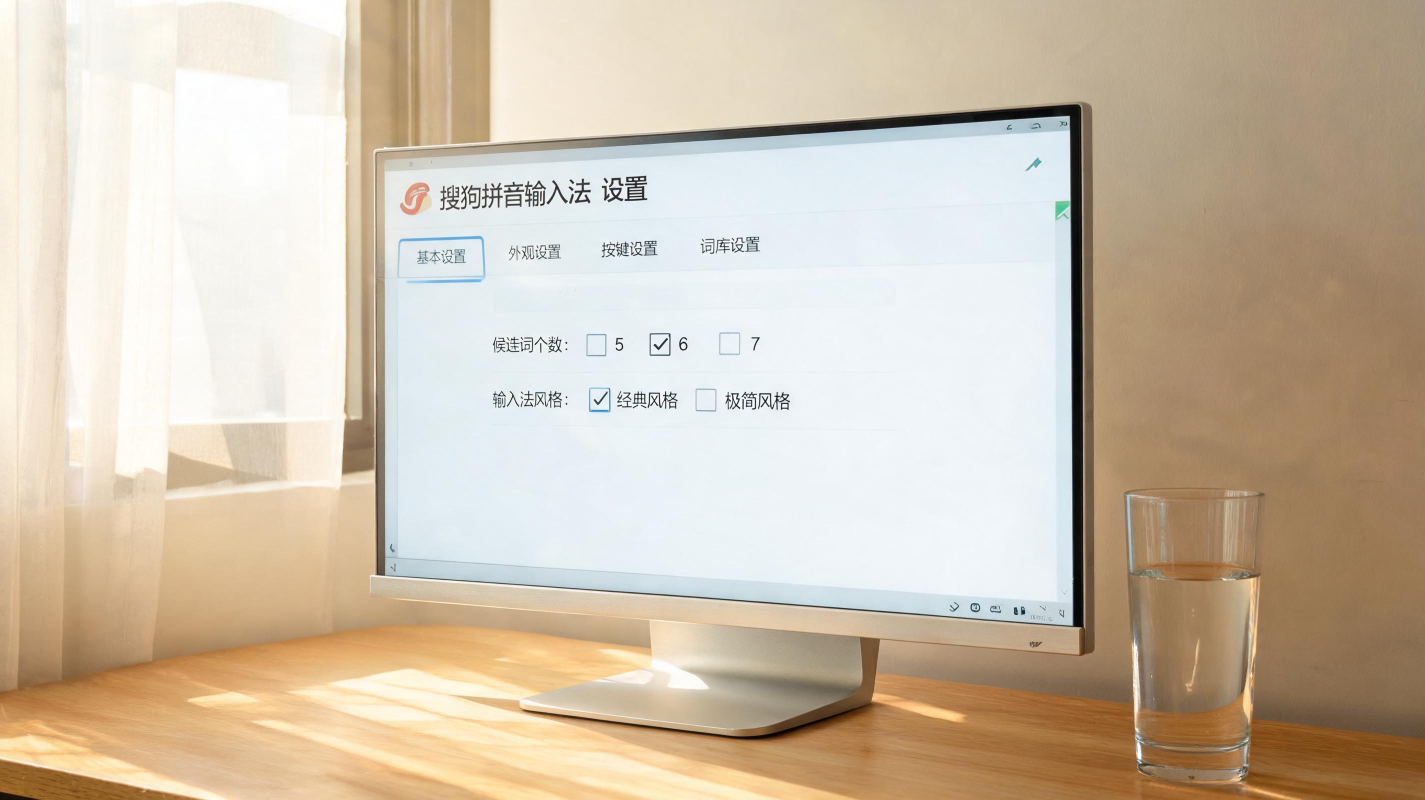 书桌上的屏幕，屏幕显示搜狗拼音输入法怎么设置设置界面，桌角放着水杯，自然光