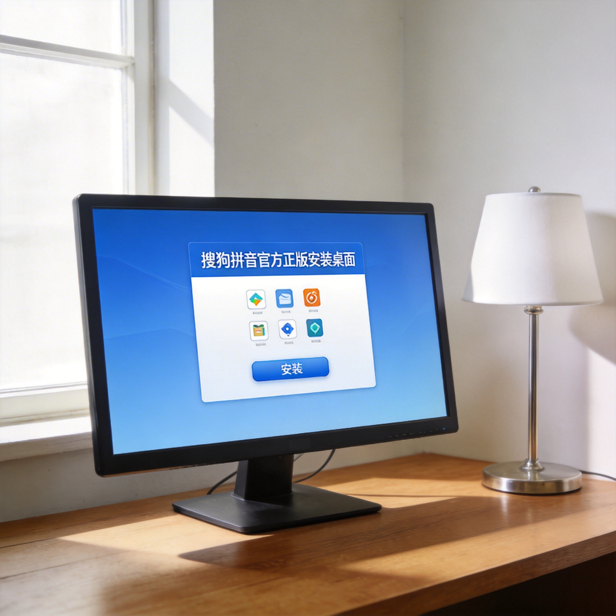 电脑桌上的电脑，屏幕显示搜狗拼音官方正版安装桌面，旁边放着台灯