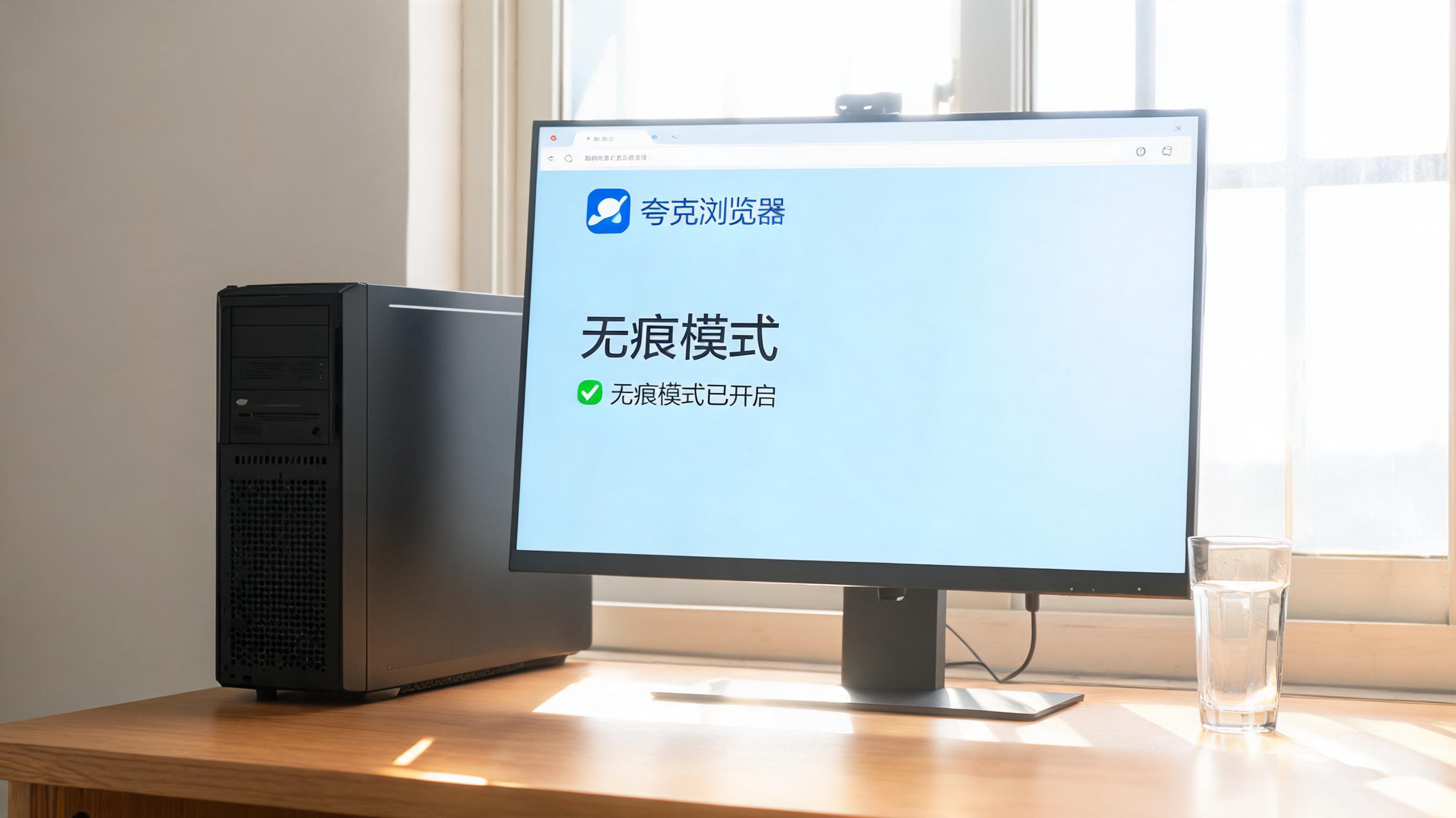 书桌上的主机，屏幕显示夸克浏览器无痕模式开启设置界面，桌角放着水杯，自然光