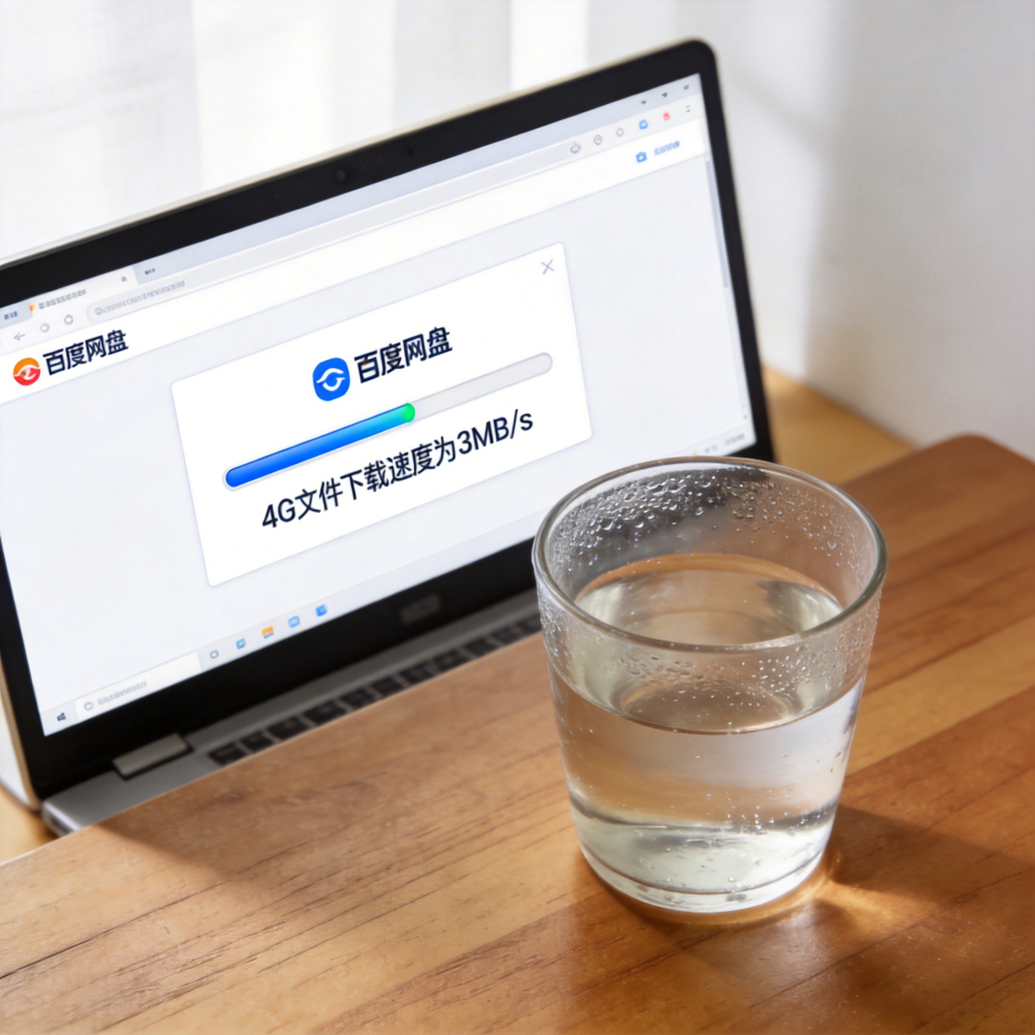 电脑桌的电脑屏幕显示百度网盘下载界面，进度条旁显示4G文件下载速度为3MB/s，桌面放着半杯温水，室内自然光