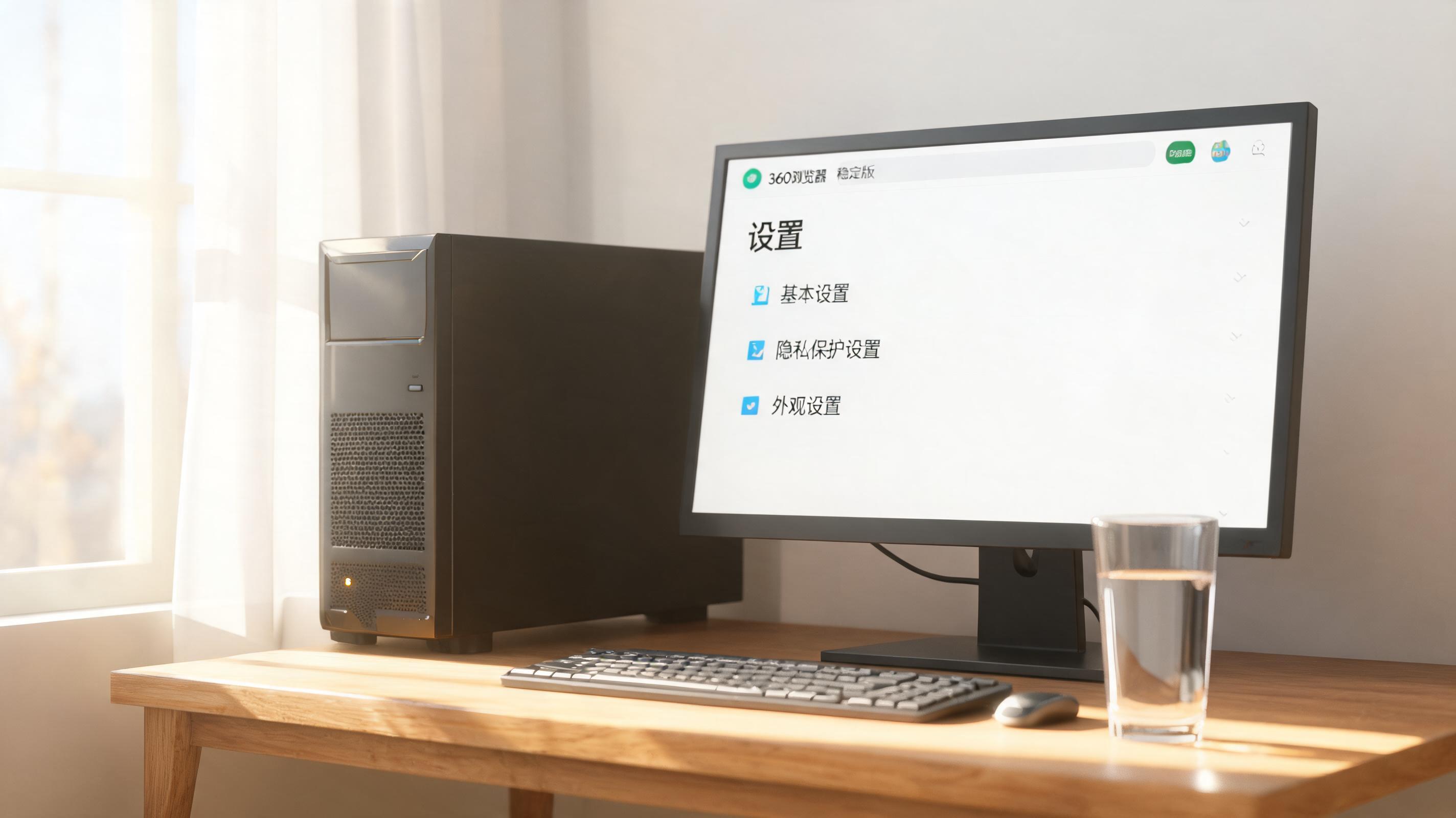 书桌上的主机，屏幕显示360 浏览器稳定版设置界面，桌角放着水杯，自然光