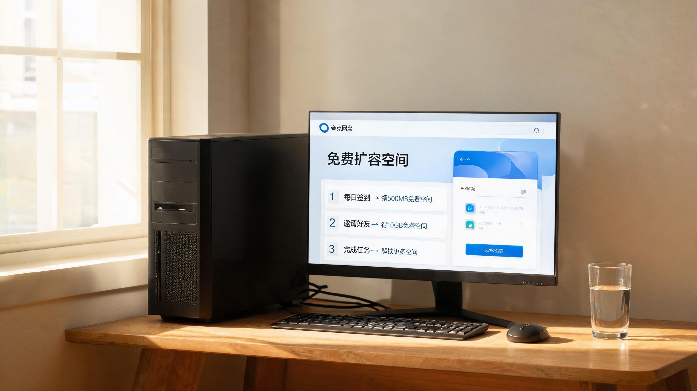 书桌上的主机，屏幕显示夸克网盘怎么扩容免费空间设置界面，桌角放着水杯，自然光