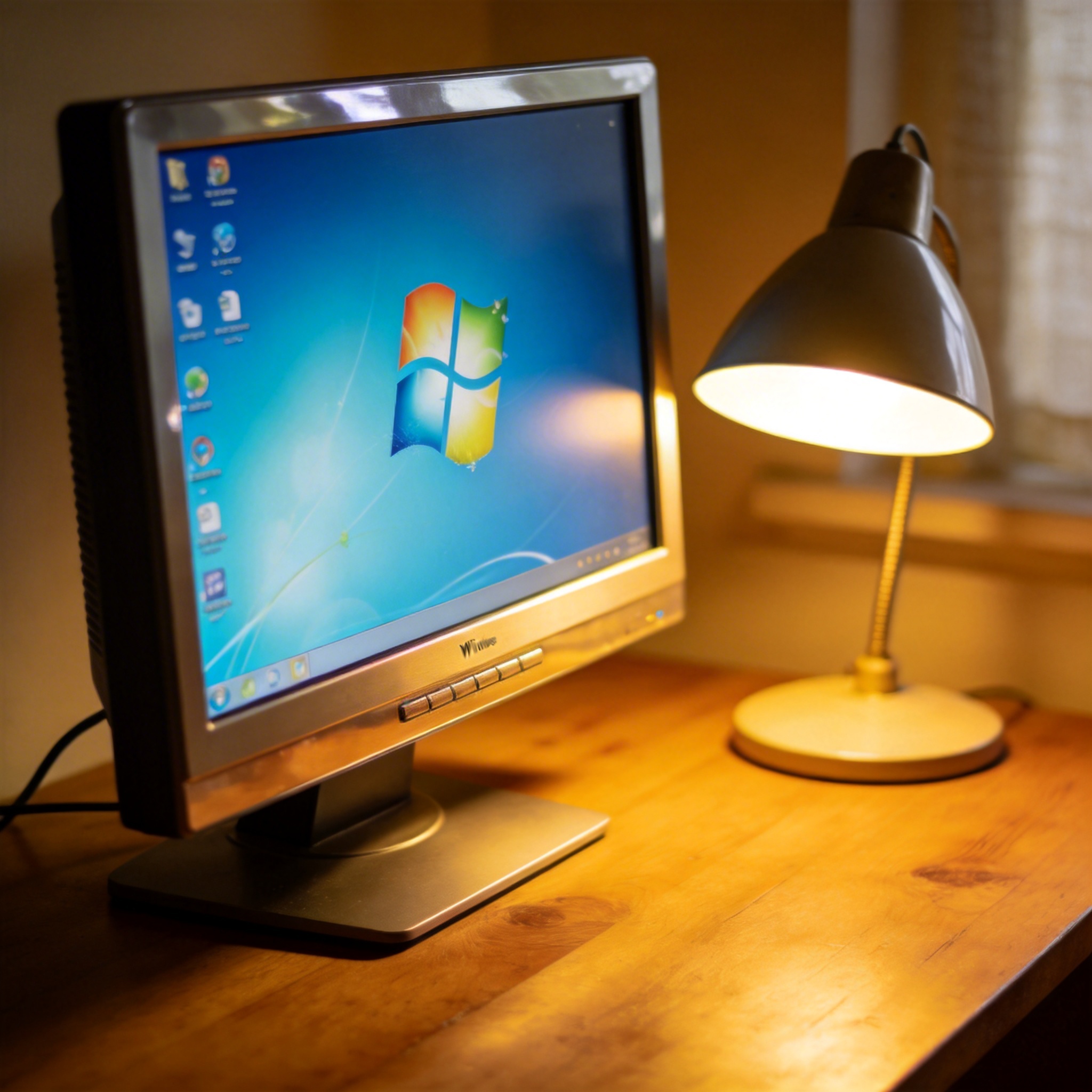电脑桌上的电脑，屏幕显示Windows桌面，旁边放着台灯