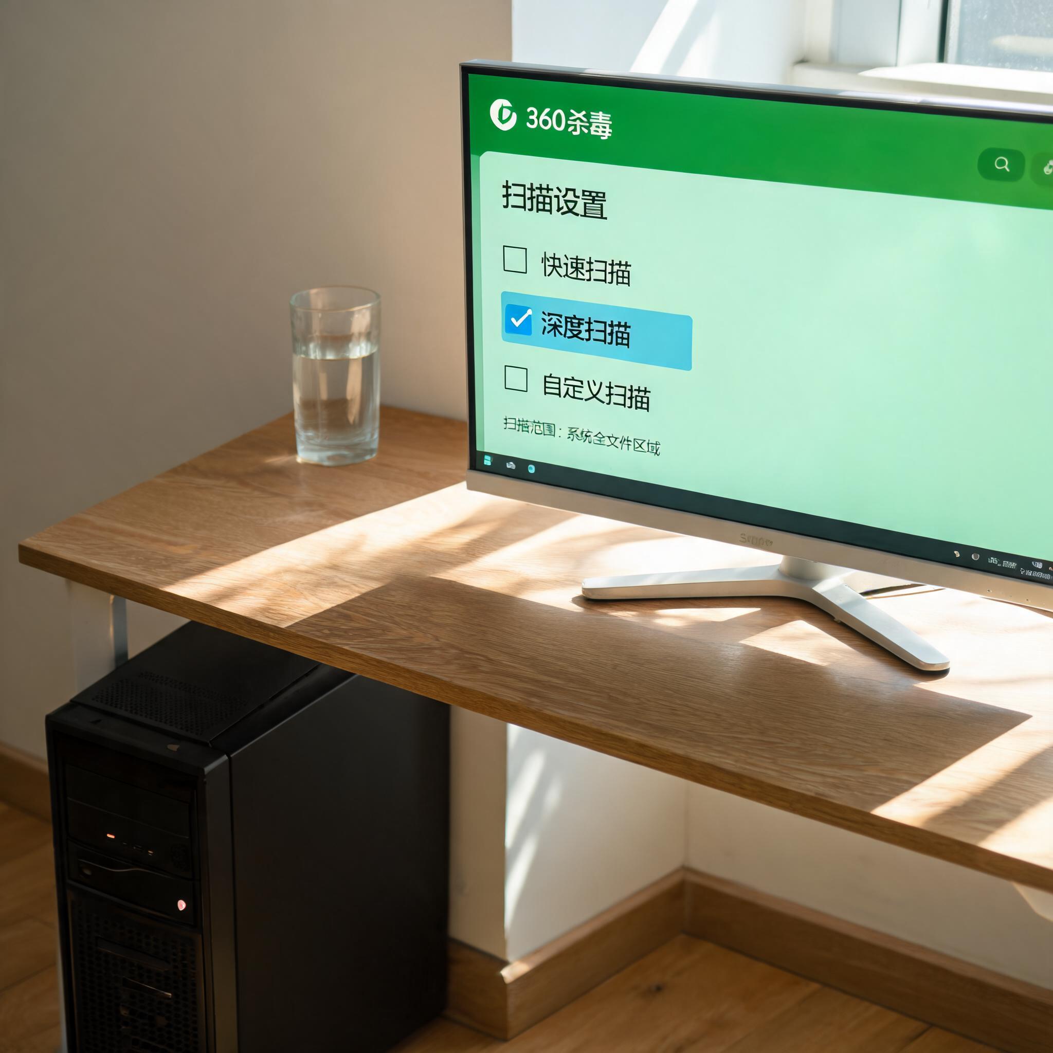 书桌上的主机，屏幕显示360 杀毒软件深度扫描设置界面，桌角放着水杯，自然光