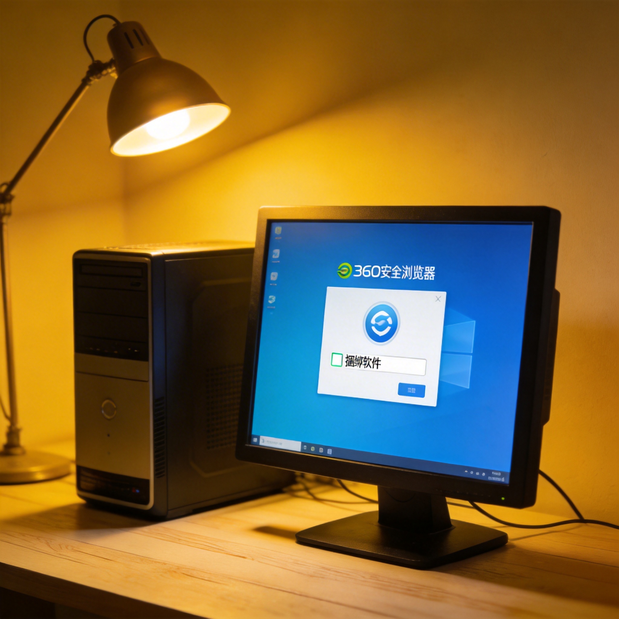 桌面的台式电脑，屏幕显示360安全浏览器安装界面，界面上有捆绑软件的勾选框，台灯暖光打在桌面