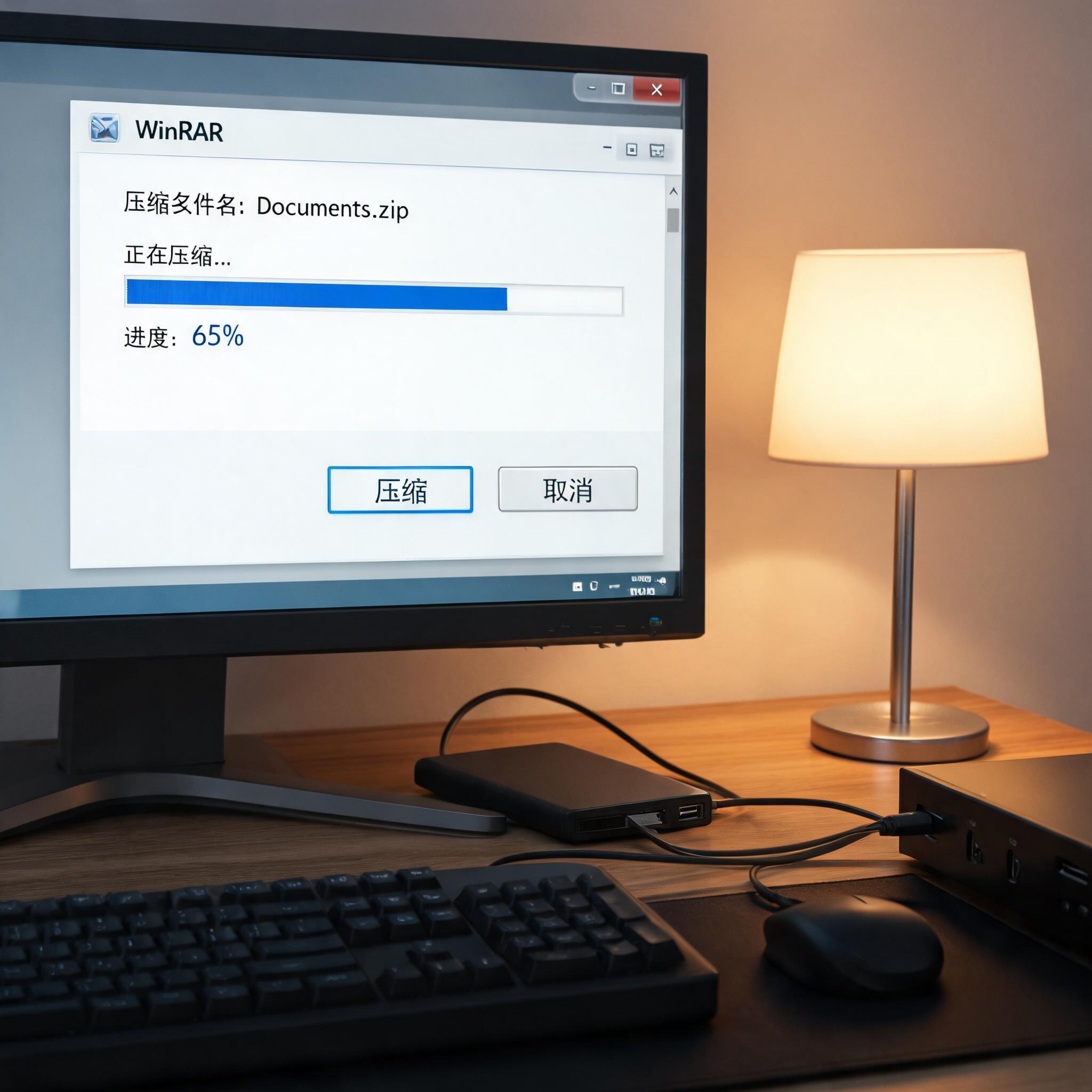 电脑桌上的硬盘，屏幕显示文件压缩界面，旁边放着台灯