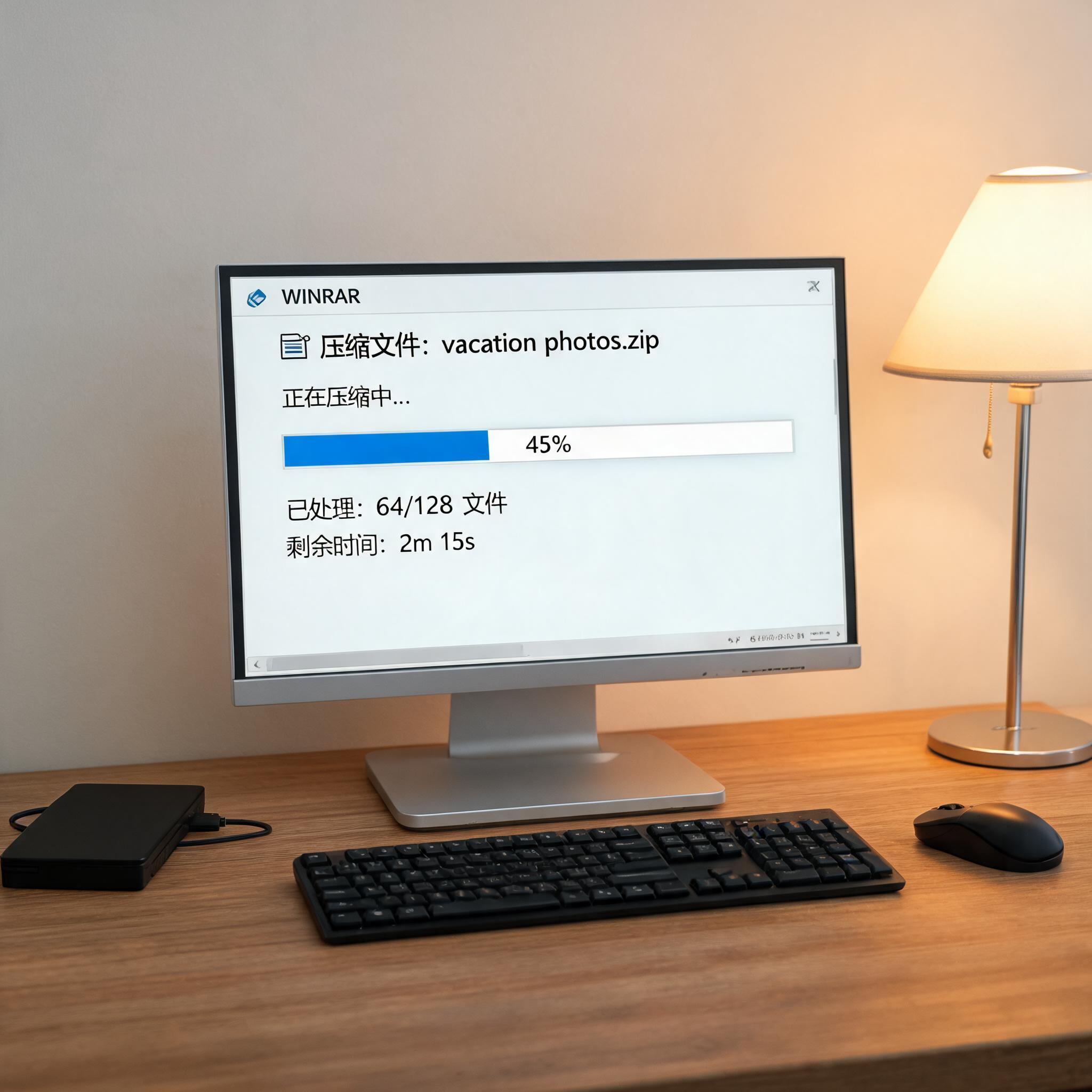 电脑桌上的硬盘，屏幕显示文件压缩界面，旁边放着台灯