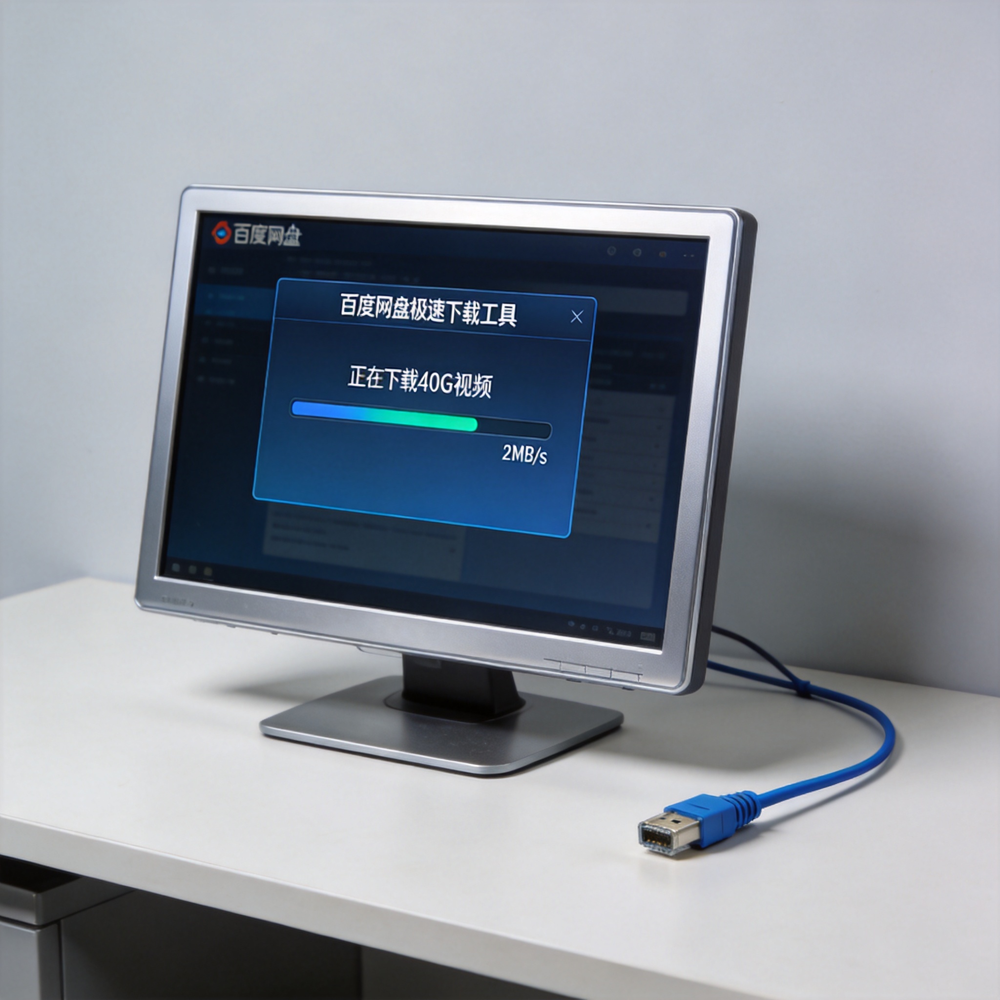 电脑桌的电脑屏幕显示百度网盘极速下载工具界面，正在下载40G视频，进度条旁显示每秒2MB速度，旁边放着有线网线