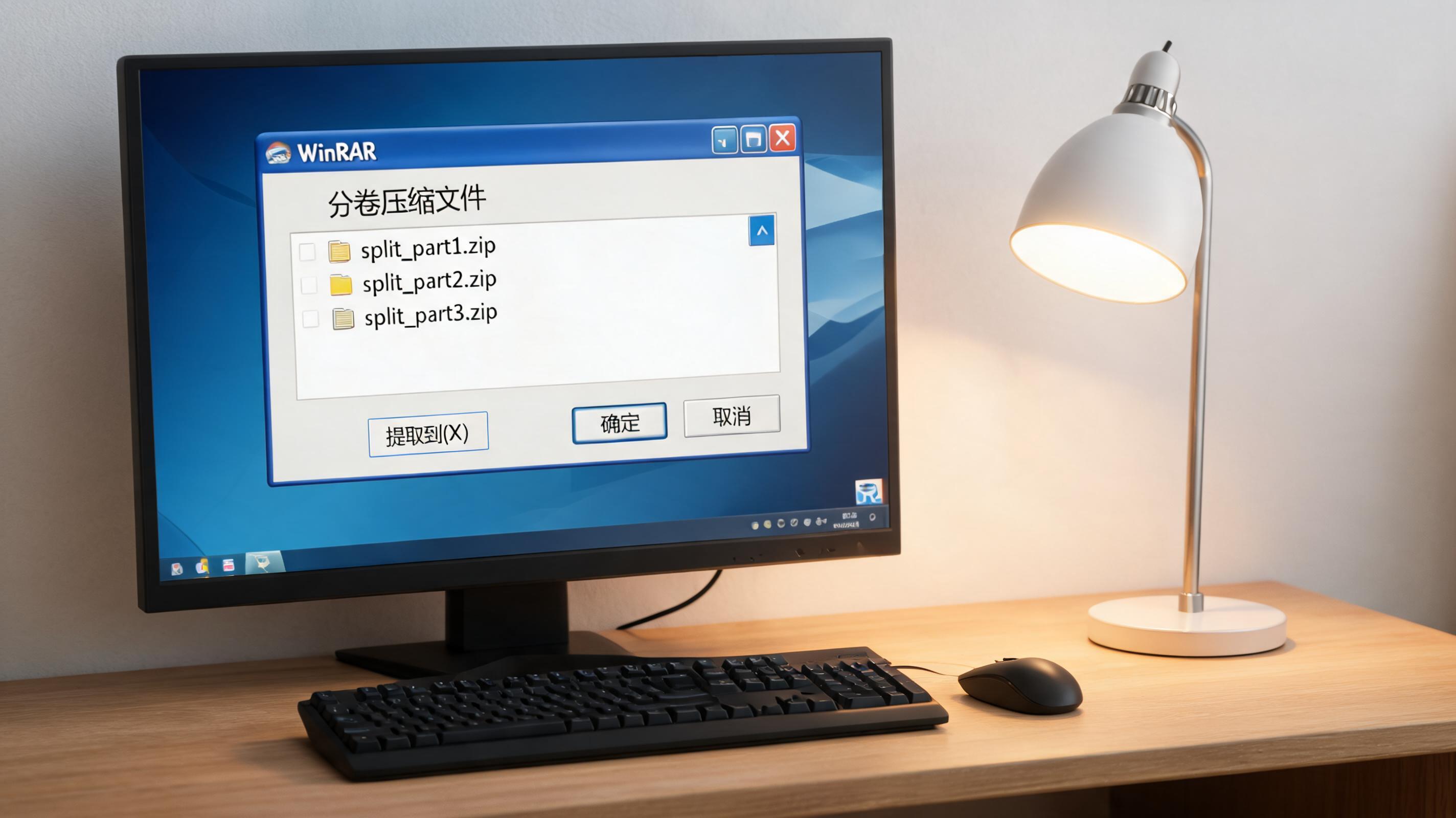 电脑桌上的电脑，屏幕显示zip 分卷压缩文件解压缩界面，旁边放着台灯