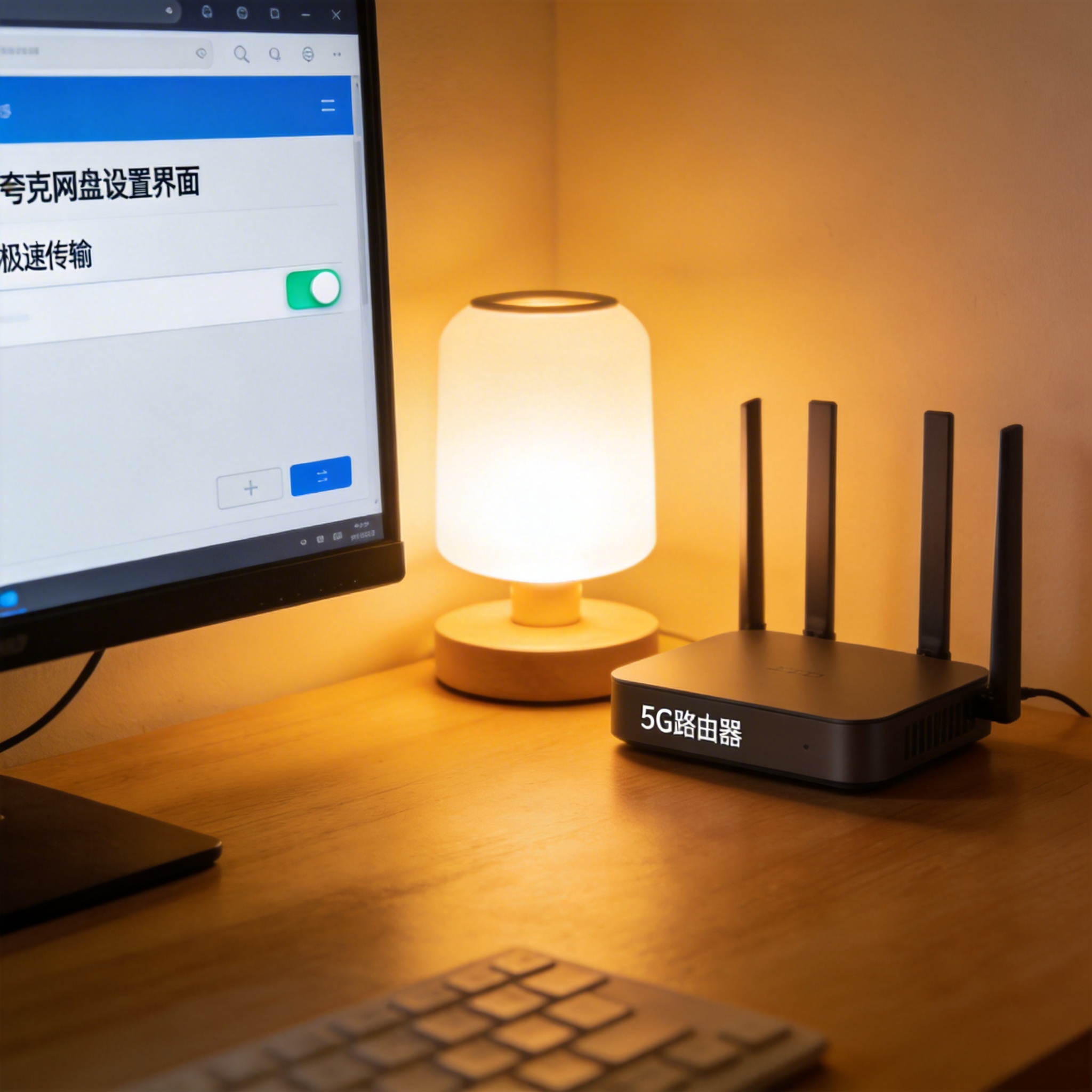 电脑屏幕显示夸克网盘设置界面，极速传输开关处于开启状态，桌面角落有5G路由器，台灯暖光