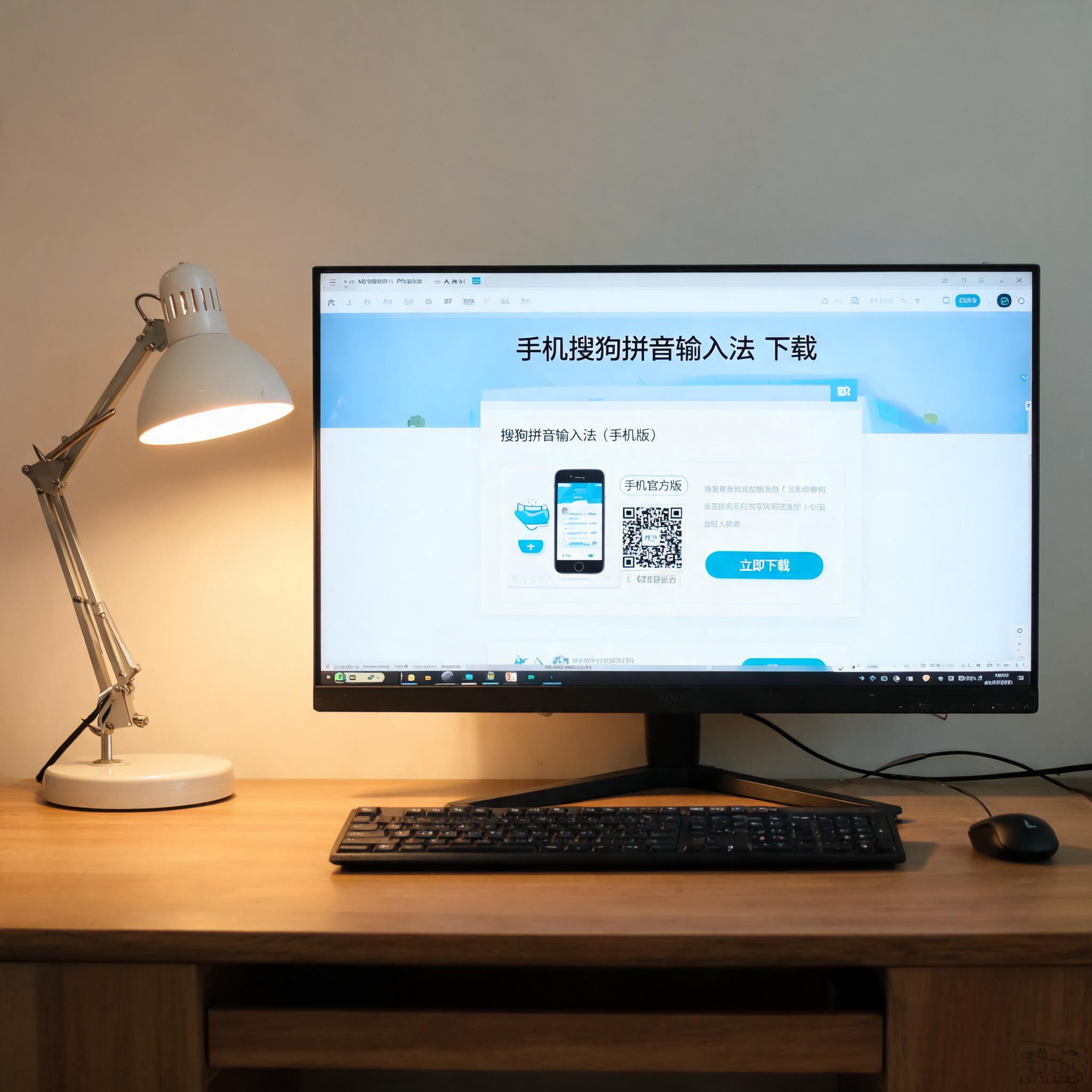 电脑桌上的电脑，屏幕显示手机搜狗拼音输入法下载界面，旁边放着台灯