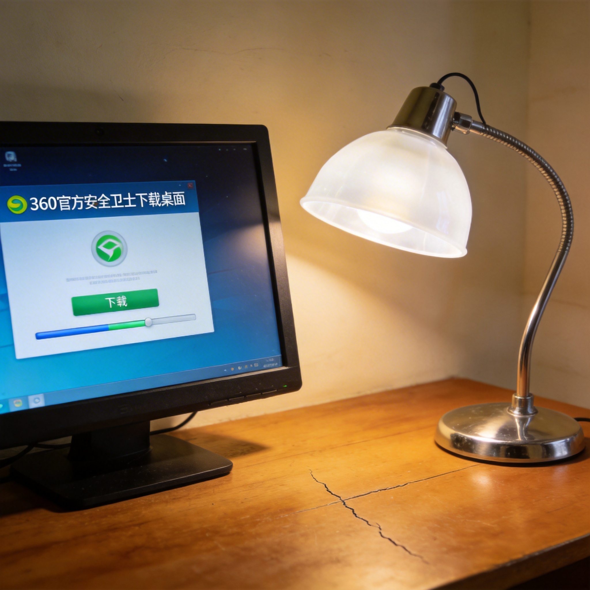 电脑桌上的电脑，屏幕显示360 官方安全卫士下载桌面，旁边放着台灯