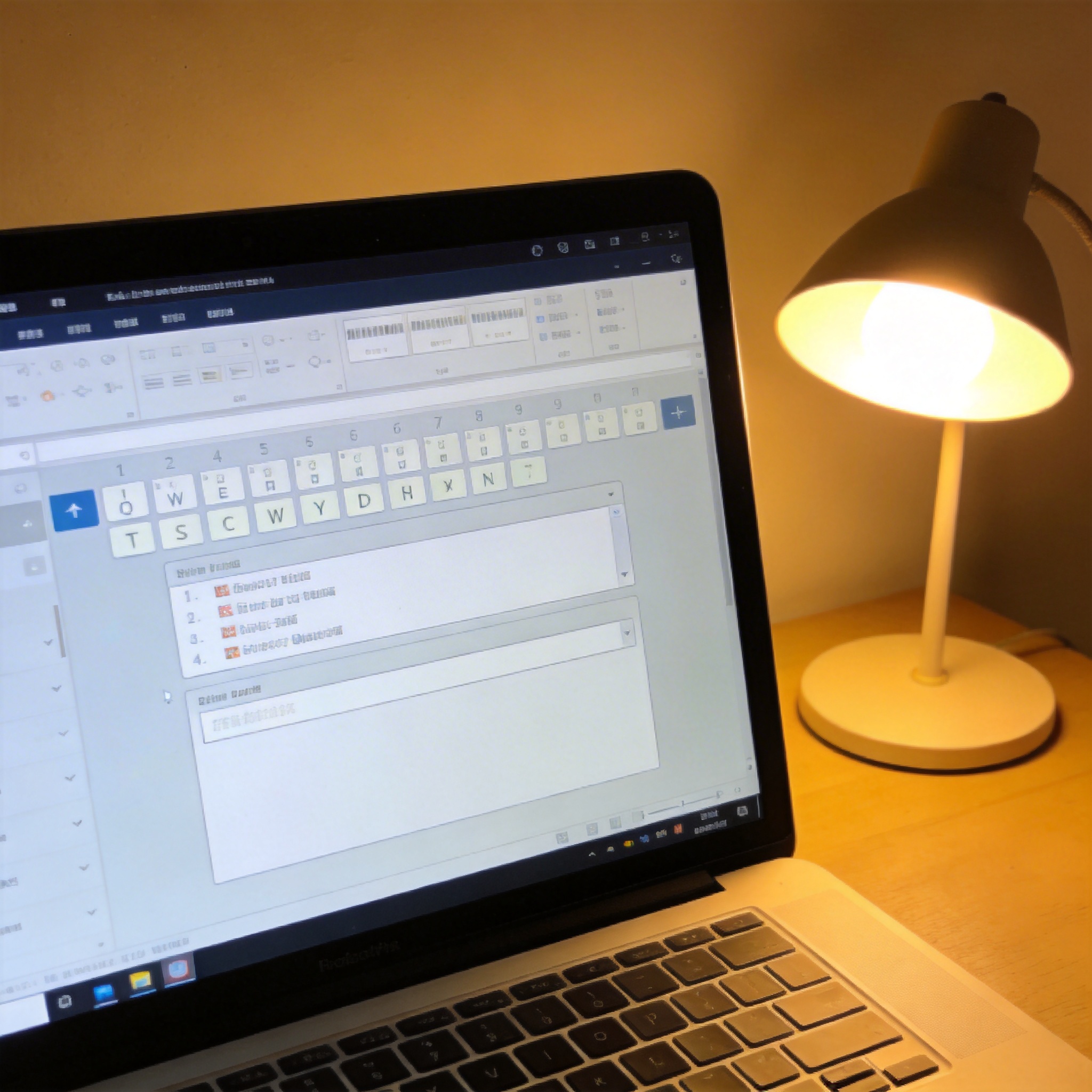 电脑桌上的电脑，屏幕显示输入法界面，旁边放着台灯