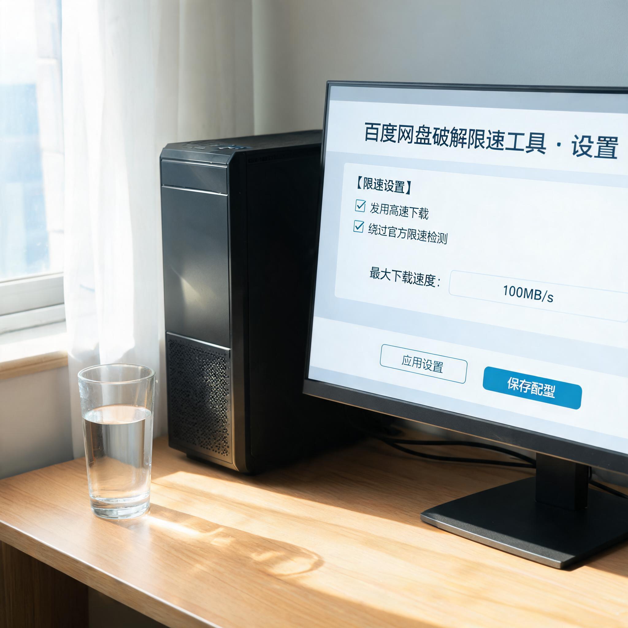 书桌上的主机，屏幕显示百度网盘破解限速工具设置界面，桌角放着水杯，自然光
