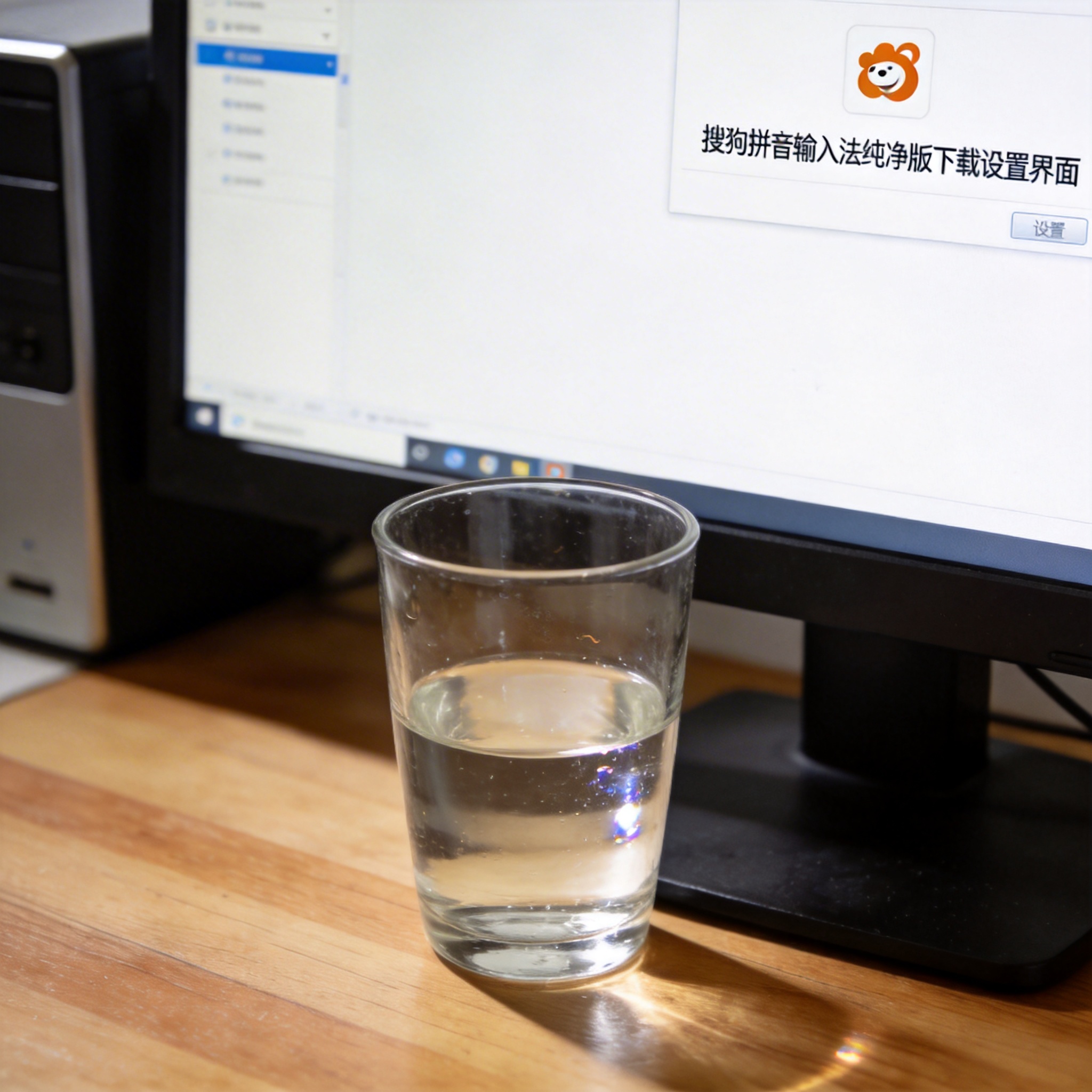 书桌上的主机，屏幕显示搜狗拼音输入法纯净版下载设置界面，桌角放着水杯，自然光
