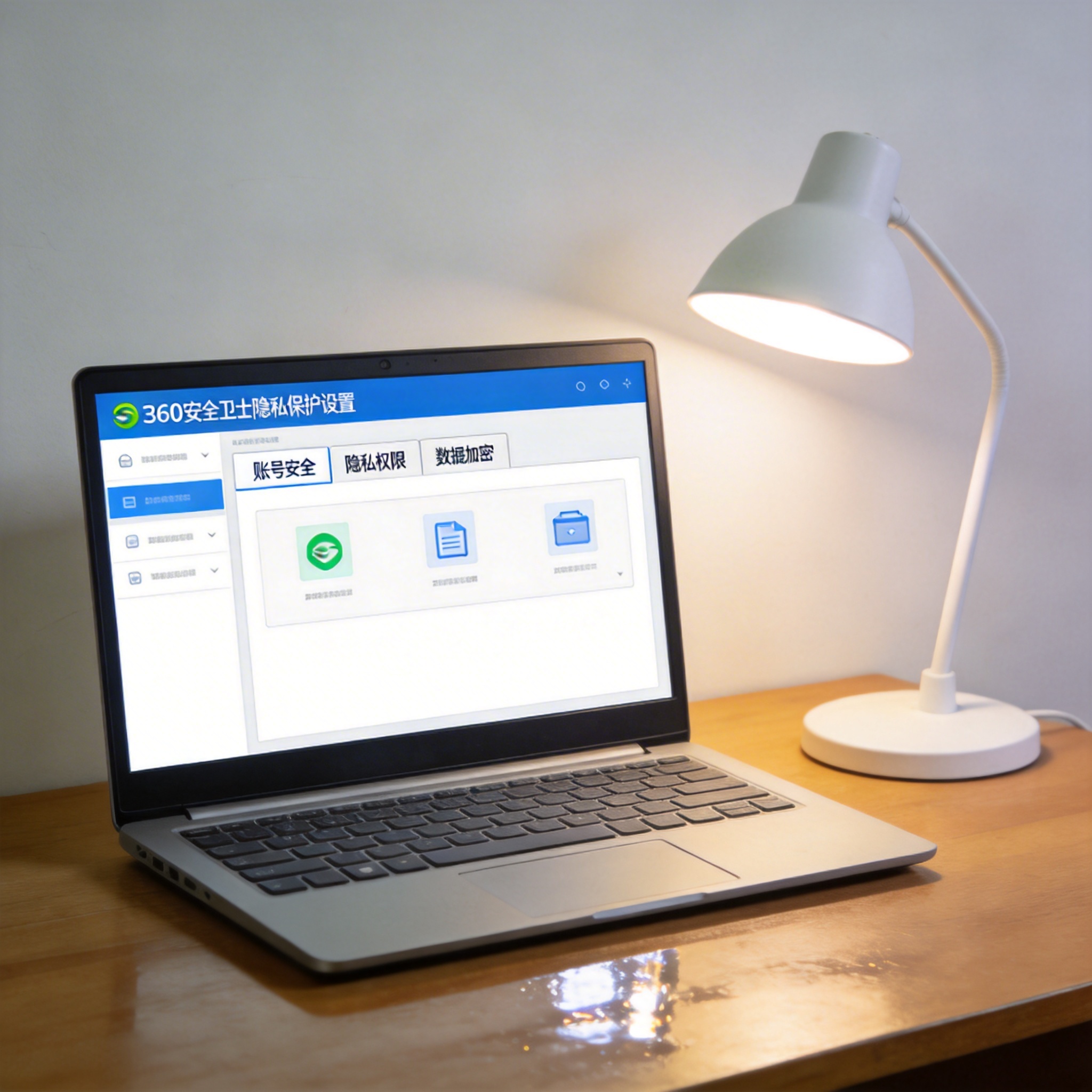 电脑桌上的电脑，屏幕显示360 安全卫士隐私保护设置菜单，旁边放着台灯