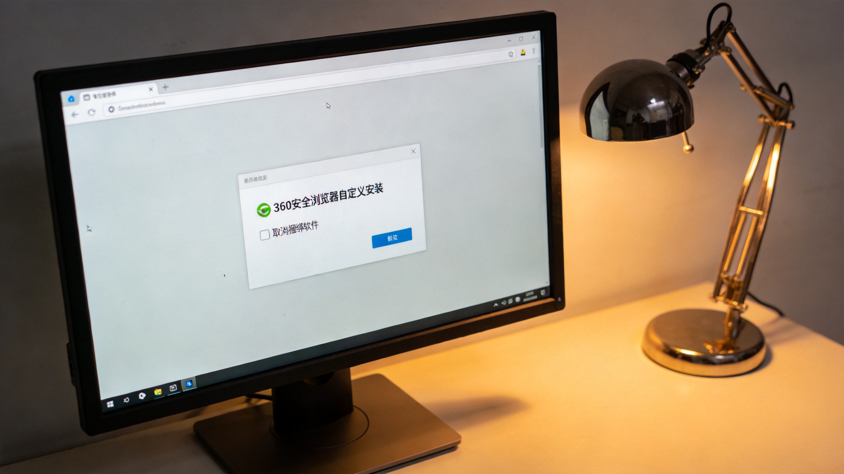 台式电脑屏幕显示360安全浏览器自定义安装界面，界面上有取消捆绑软件的勾选框，旁边摆着台灯，台灯暖光