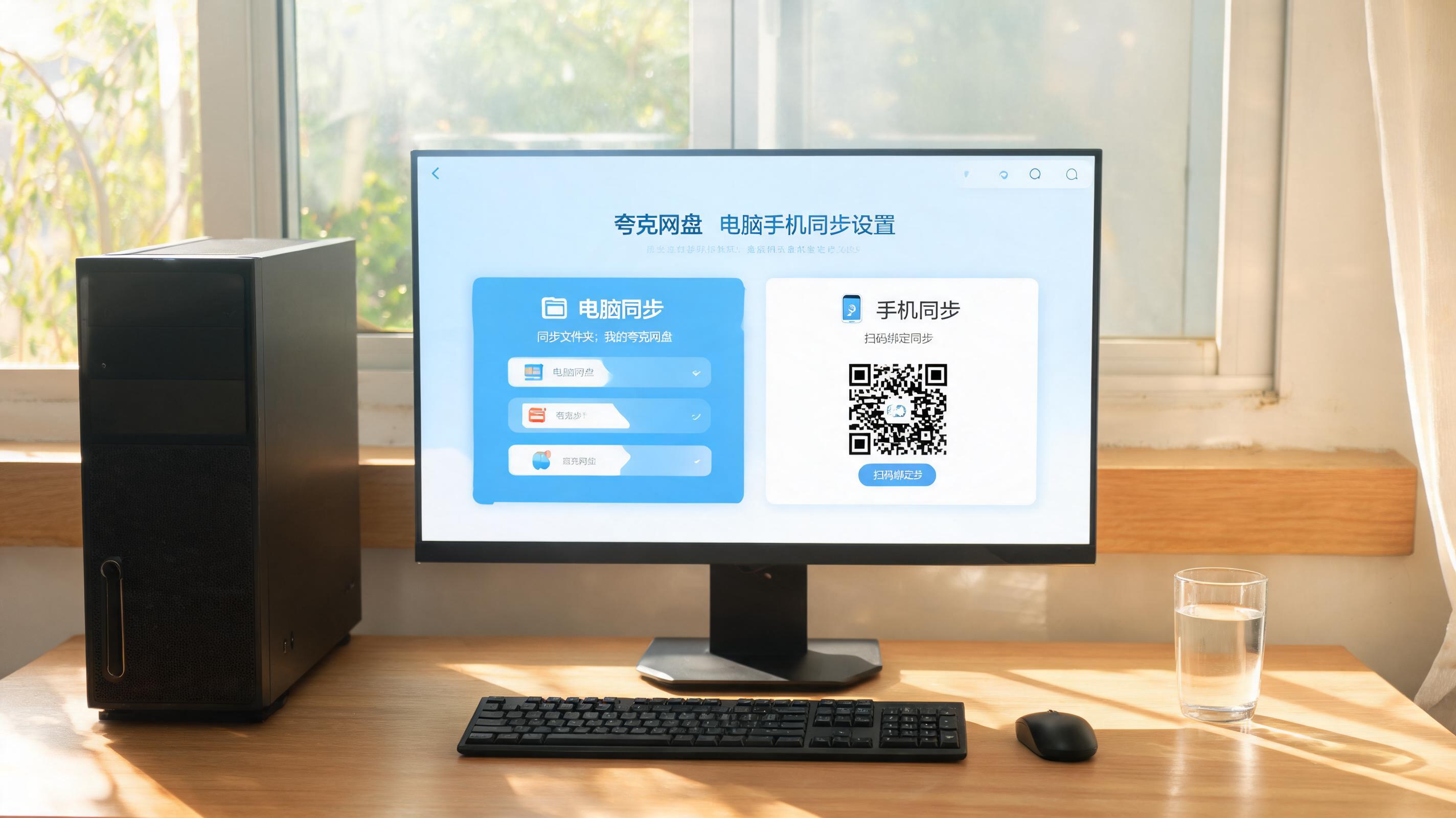 书桌上的主机，屏幕显示夸克网盘电脑手机同步方法设置界面，桌角放着水杯，自然光