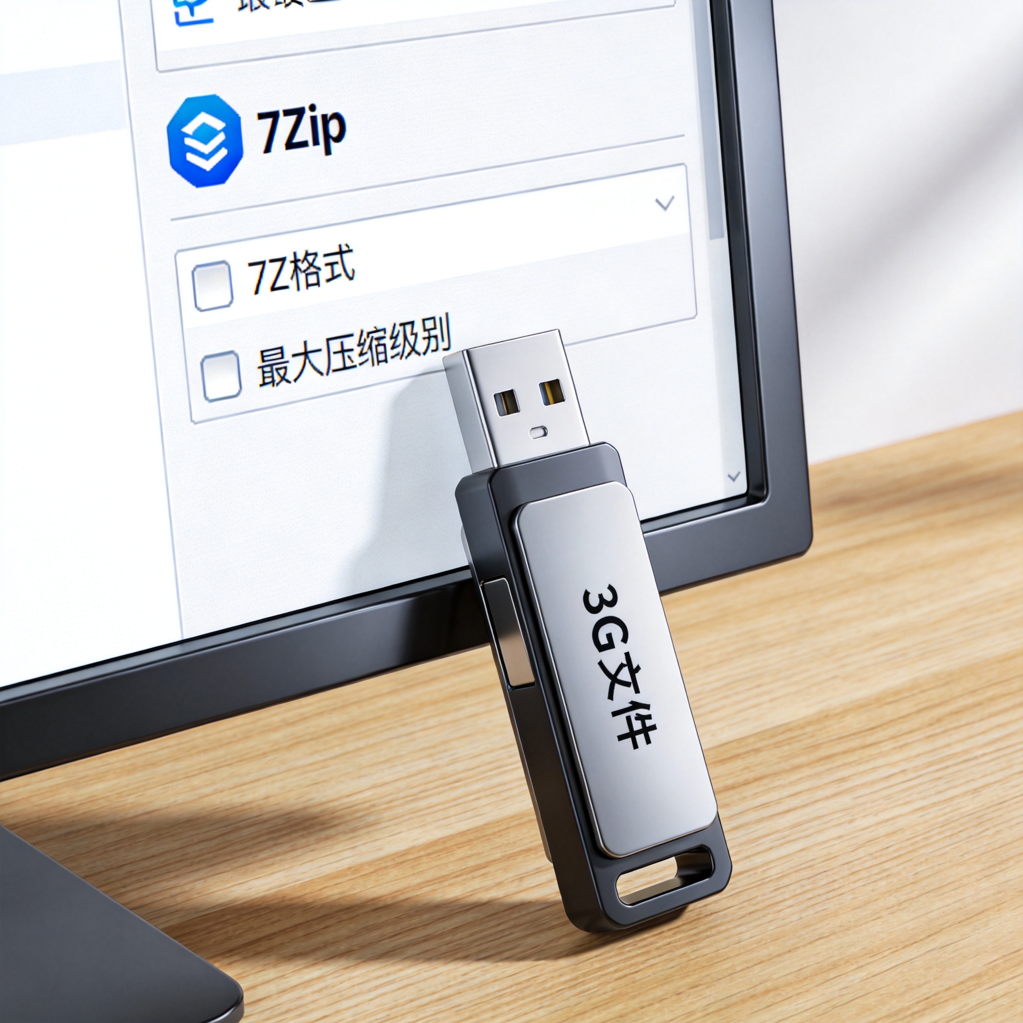 电脑桌的电脑屏幕显示7Zip压缩设置界面，已选中7Z格式和最大压缩级别，旁边放着存有3G文件的U盘，室内自然光