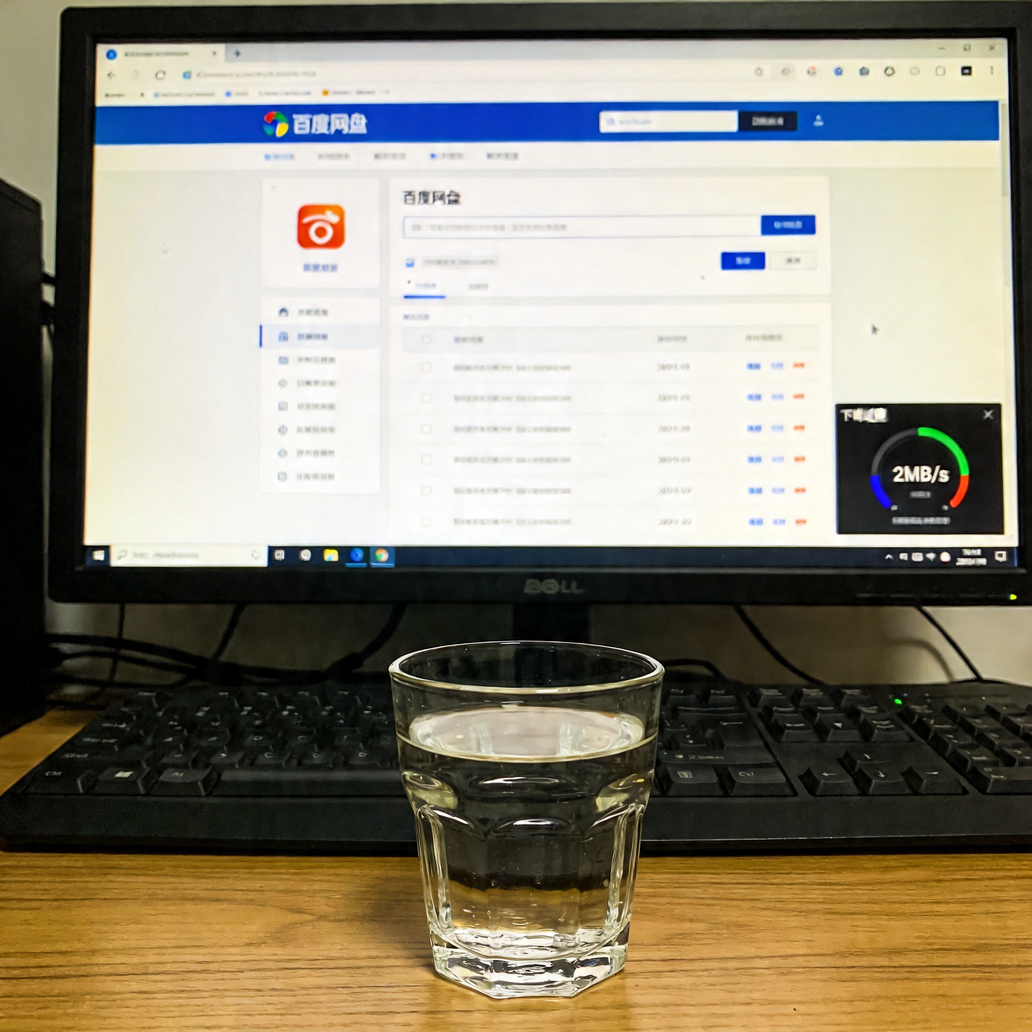 电脑桌前的Chrome浏览器，屏幕显示百度网盘网页版界面，右侧下载速度显示为2MB/s，桌面放着半杯凉白开，室内自然光