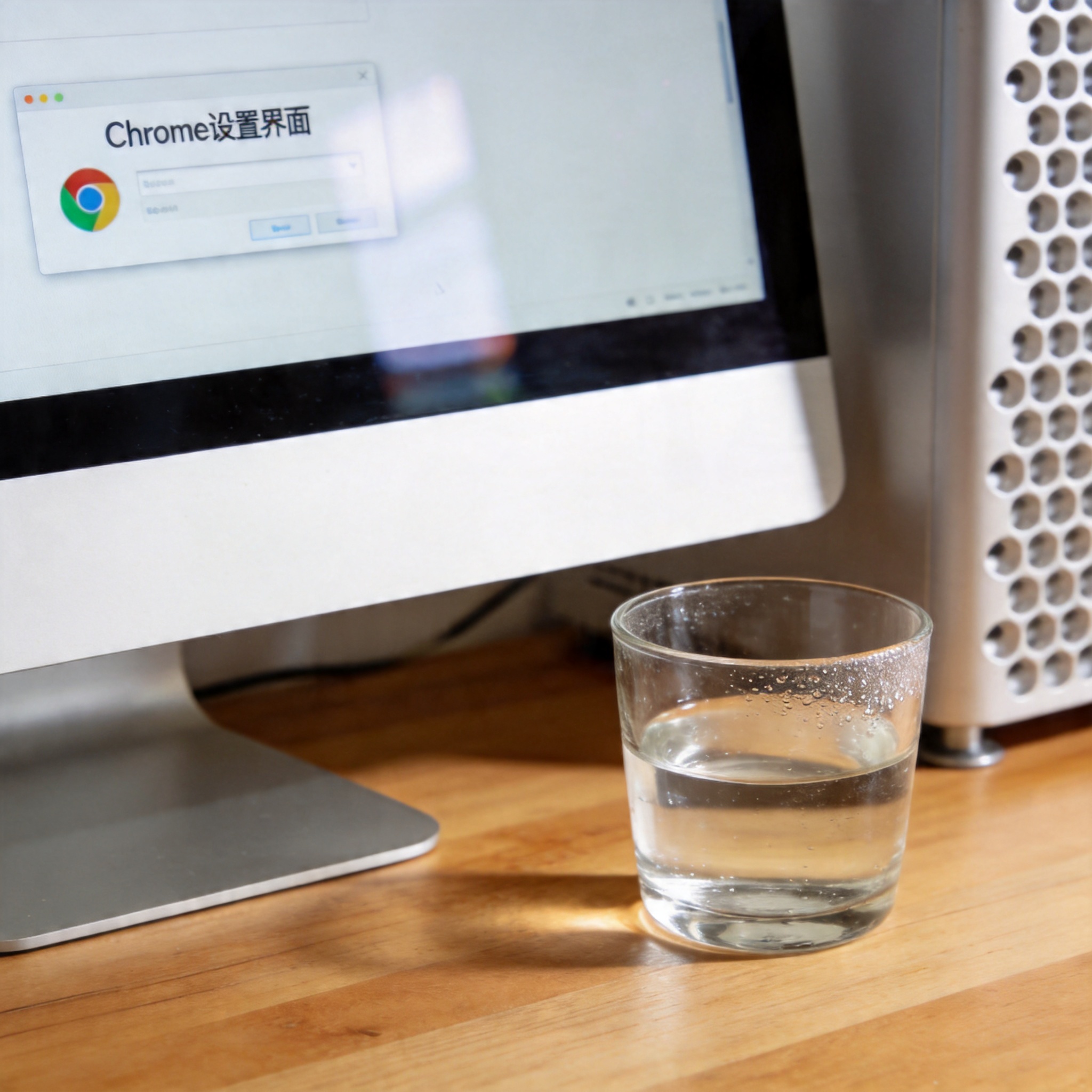 书桌上的主机，屏幕显示Chrome设置界面，桌角放着水杯，自然光
