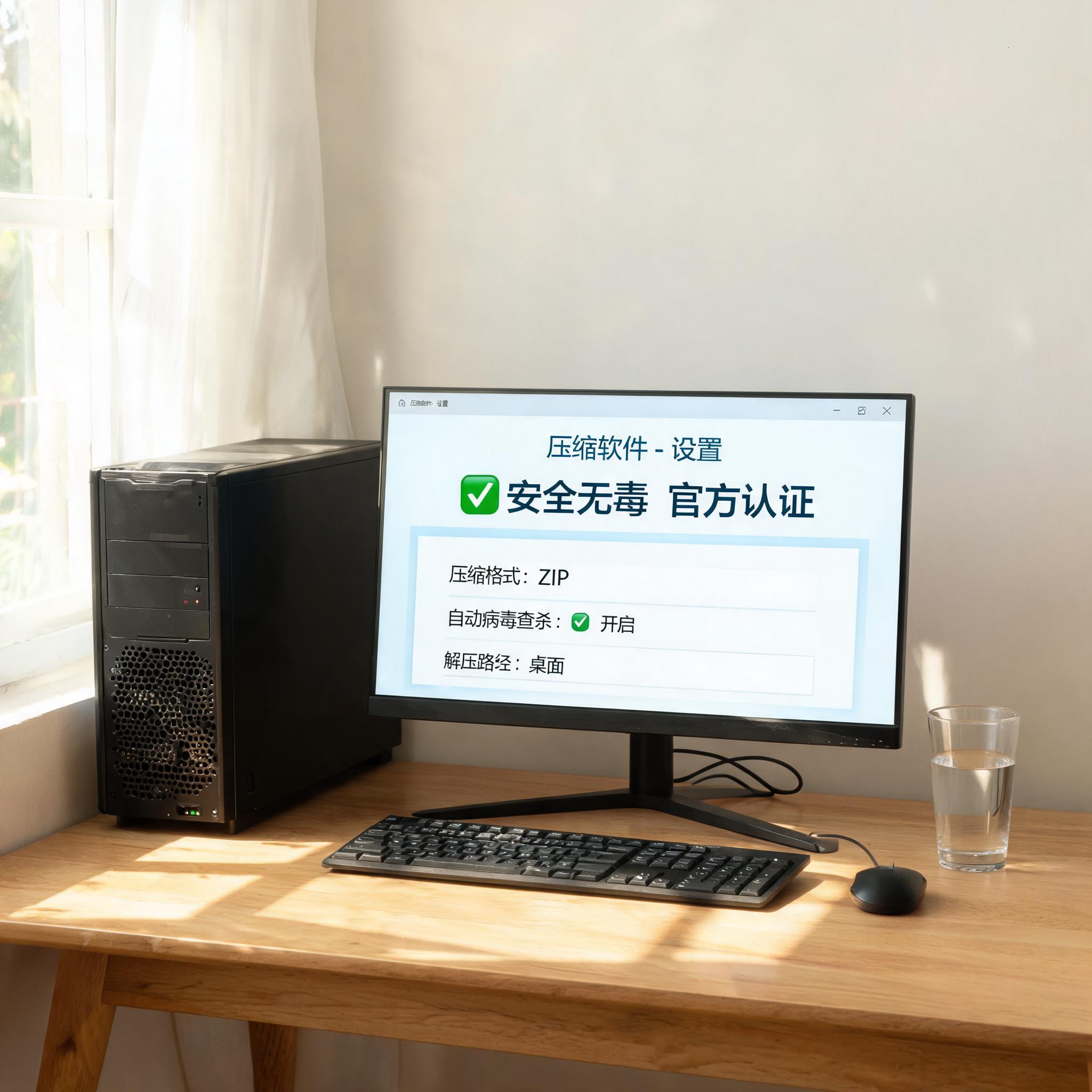 书桌上的主机，屏幕显示安全无毒文件压缩软件设置界面，桌角放着水杯，自然光