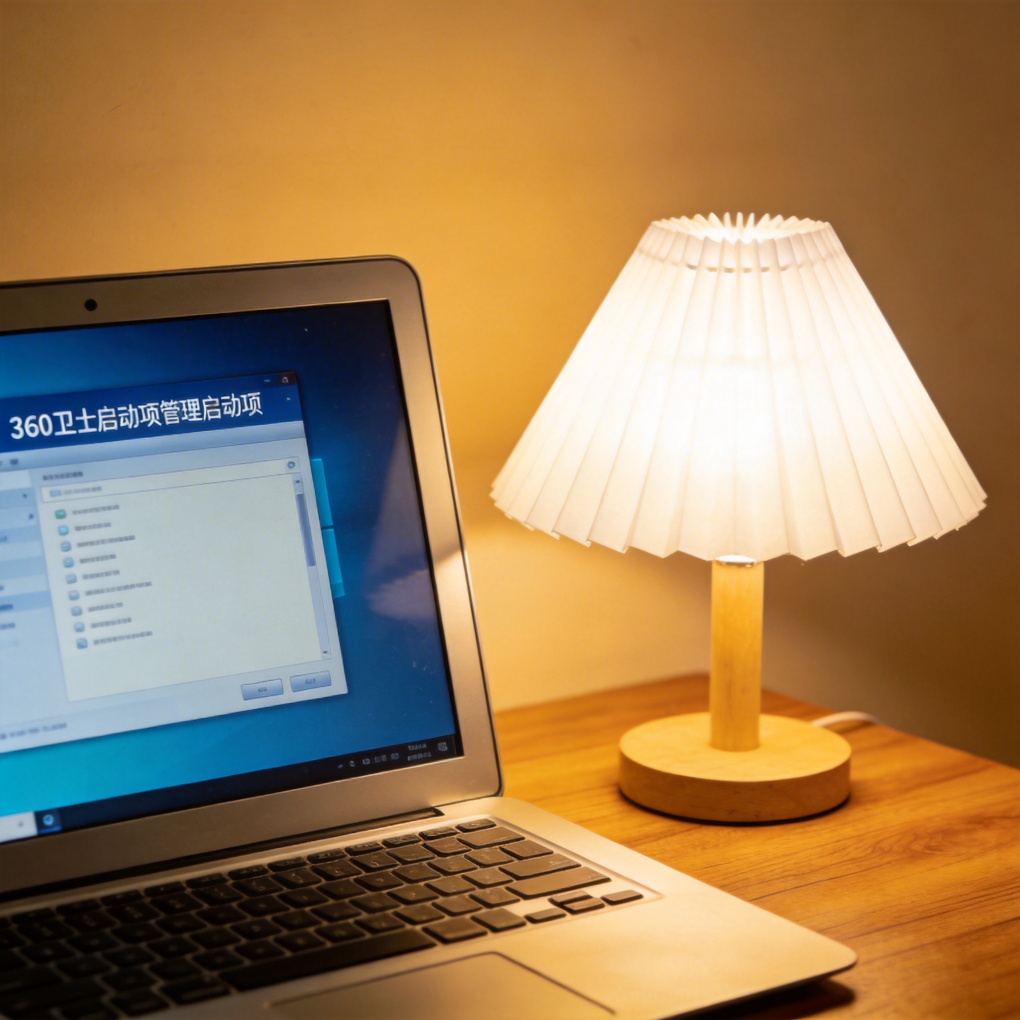 电脑桌上的电脑，屏幕显示360 卫士启动项管理启动项，旁边放着台灯