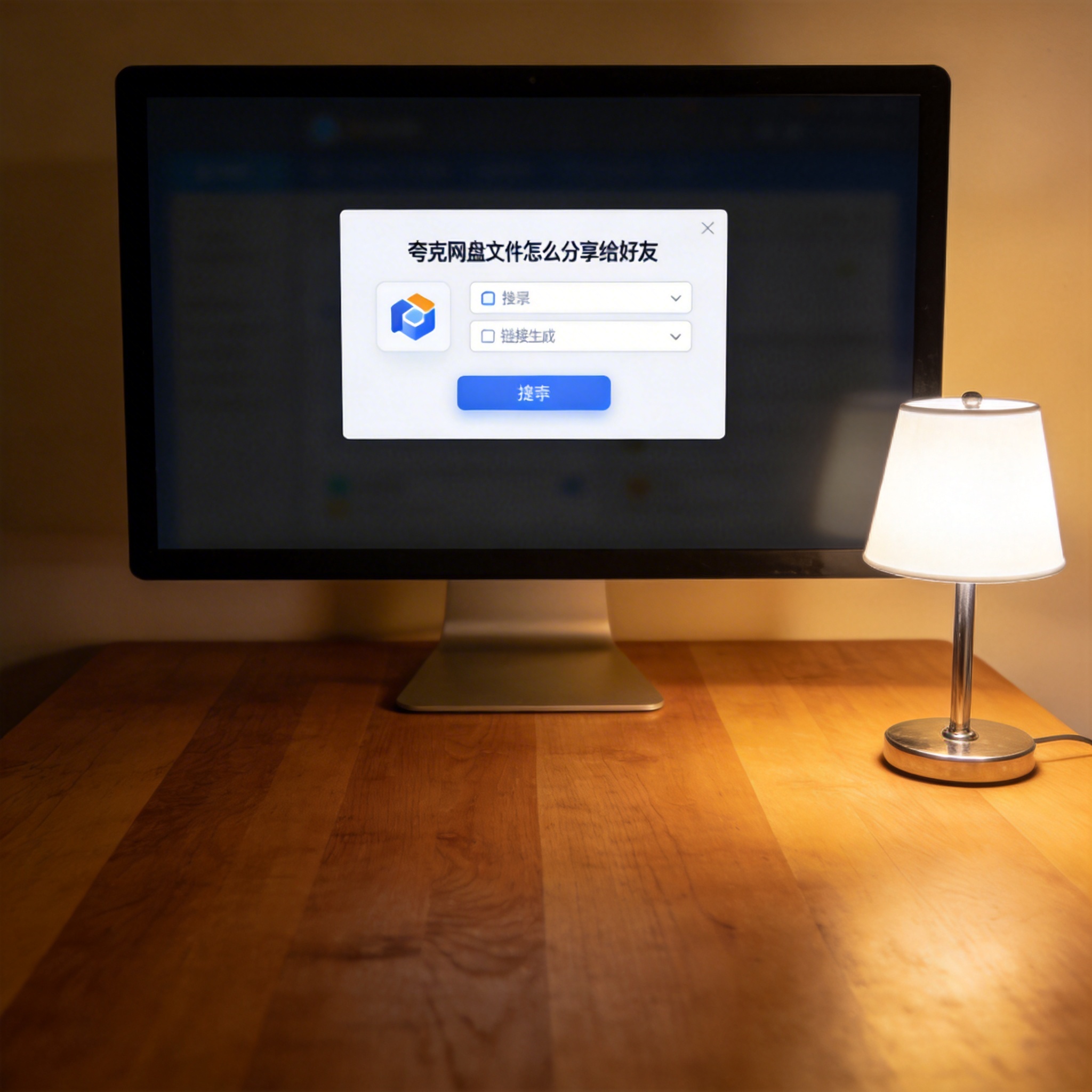电脑桌上的电脑，屏幕显示夸克网盘文件怎么分享给好友界面，旁边放着台灯