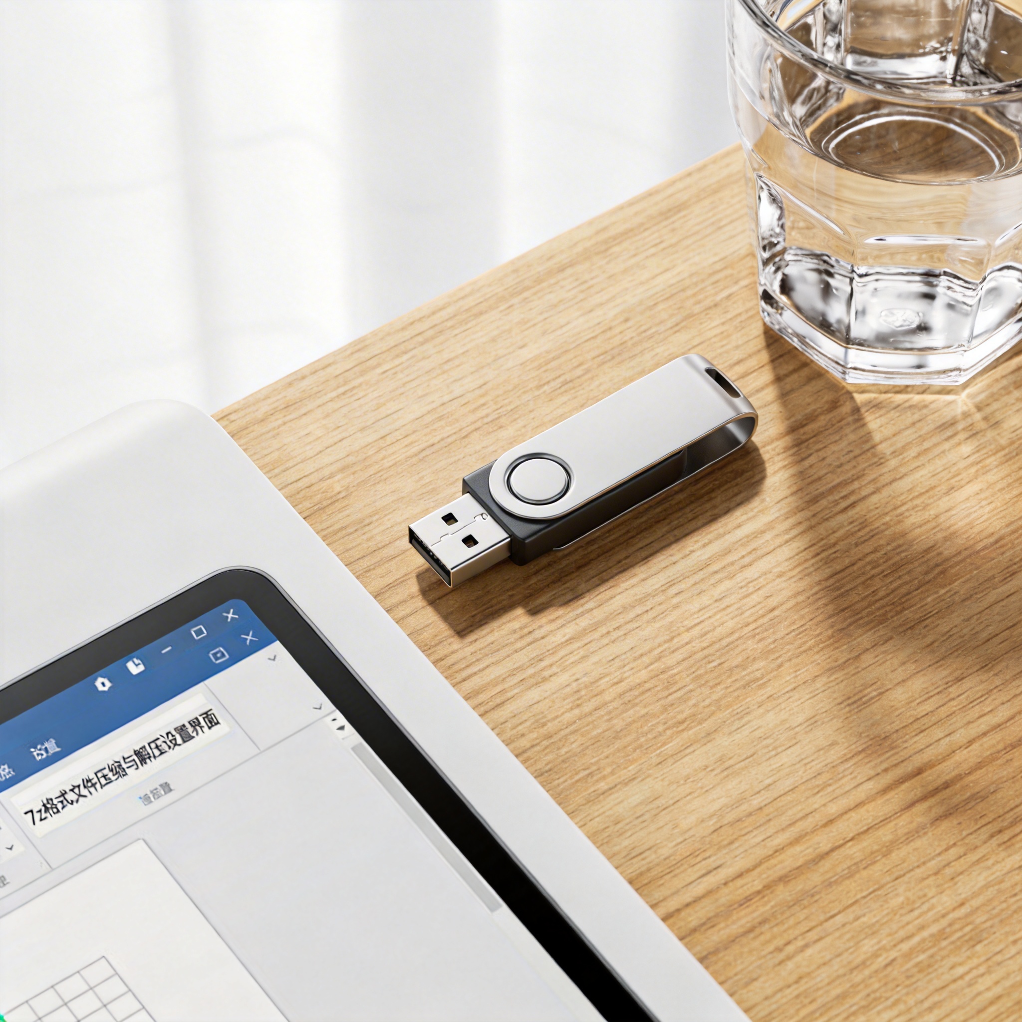 书桌上的U盘，屏幕显示7z 格式文件压缩与解压设置界面，桌角放着水杯，自然光