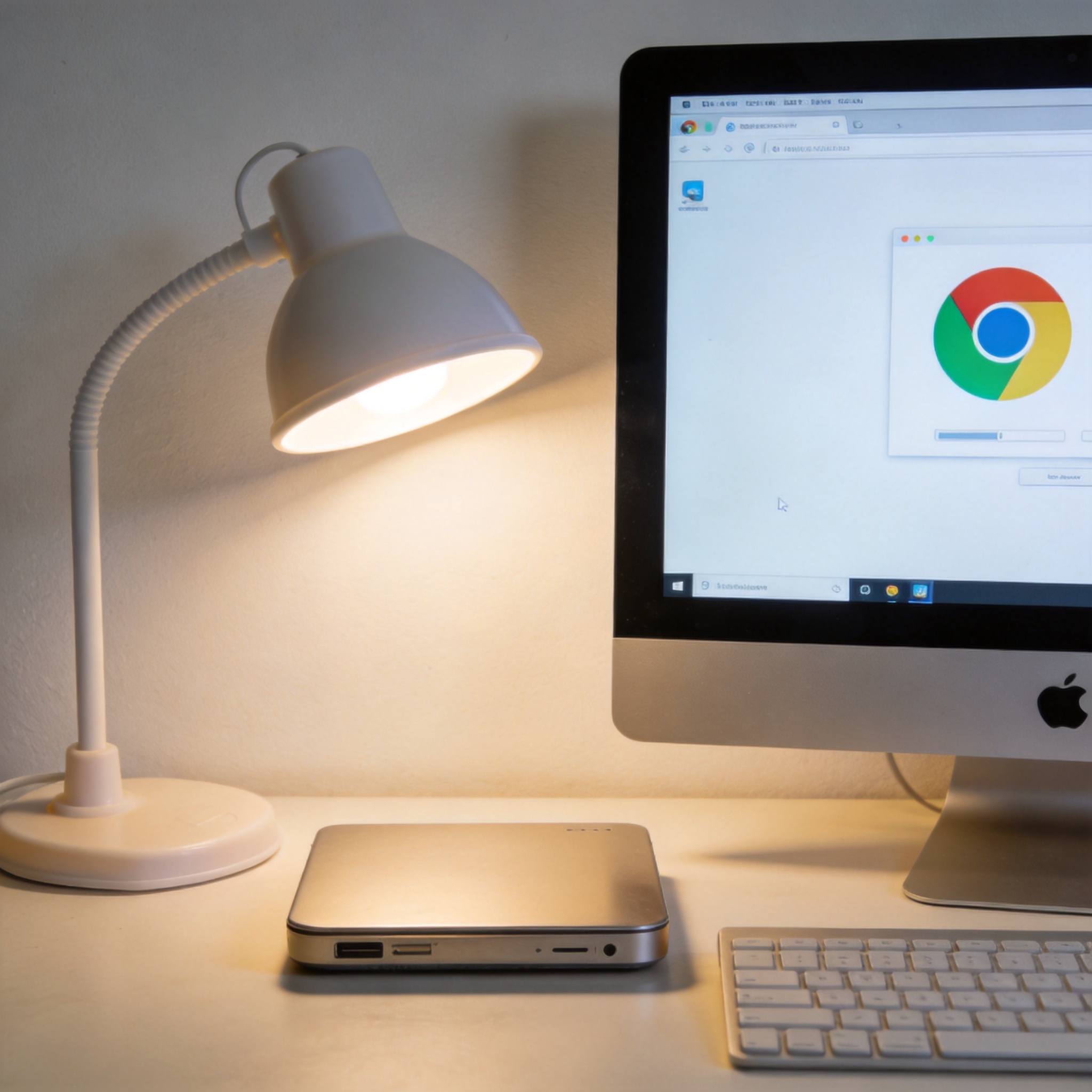 电脑桌上的电脑，屏幕显示Chrome界面，旁边放着台灯