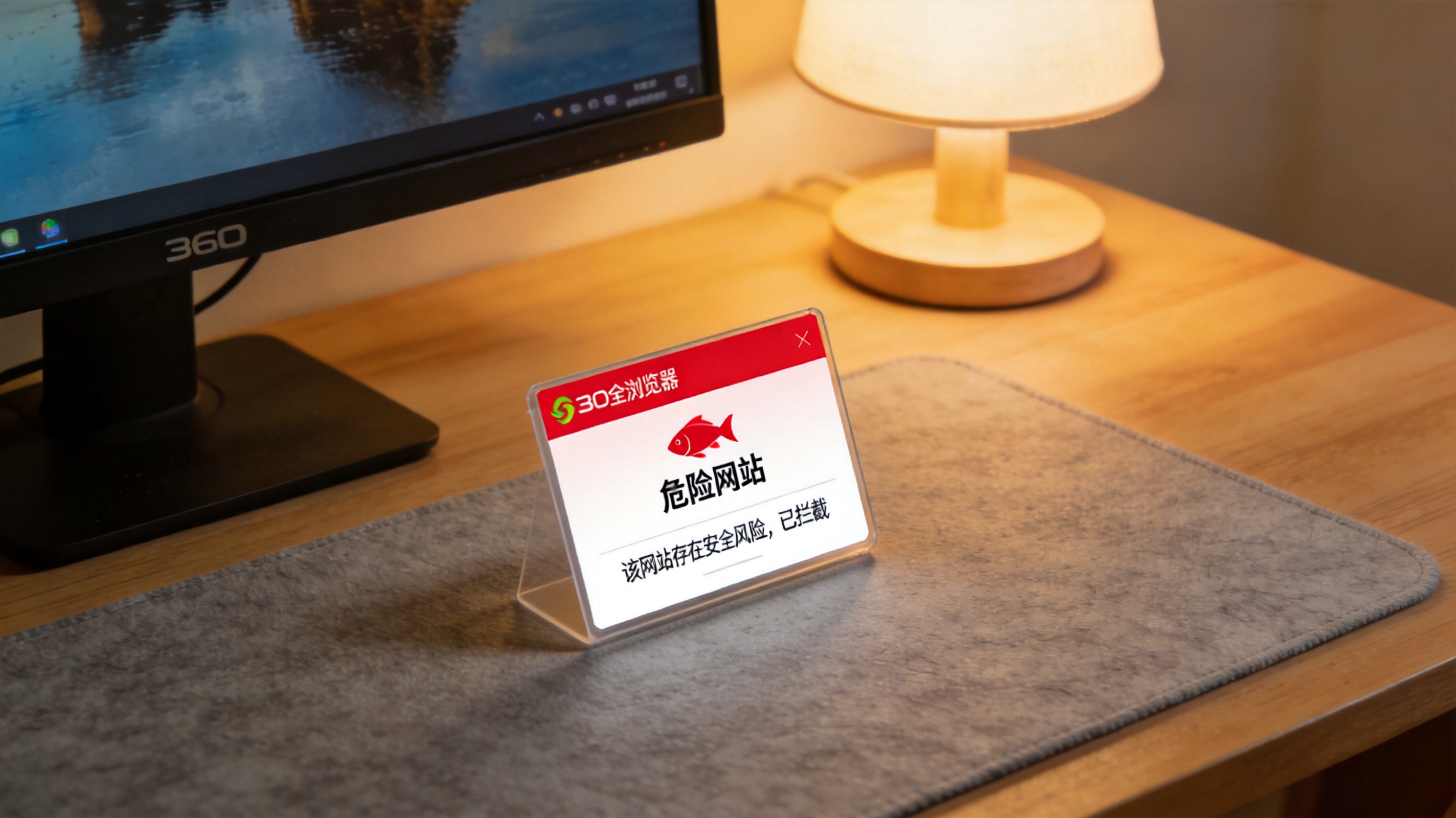 电脑屏幕显示360安全浏览器的红色钓鱼网站拦截弹窗，桌面铺着浅灰色桌垫，台灯暖光