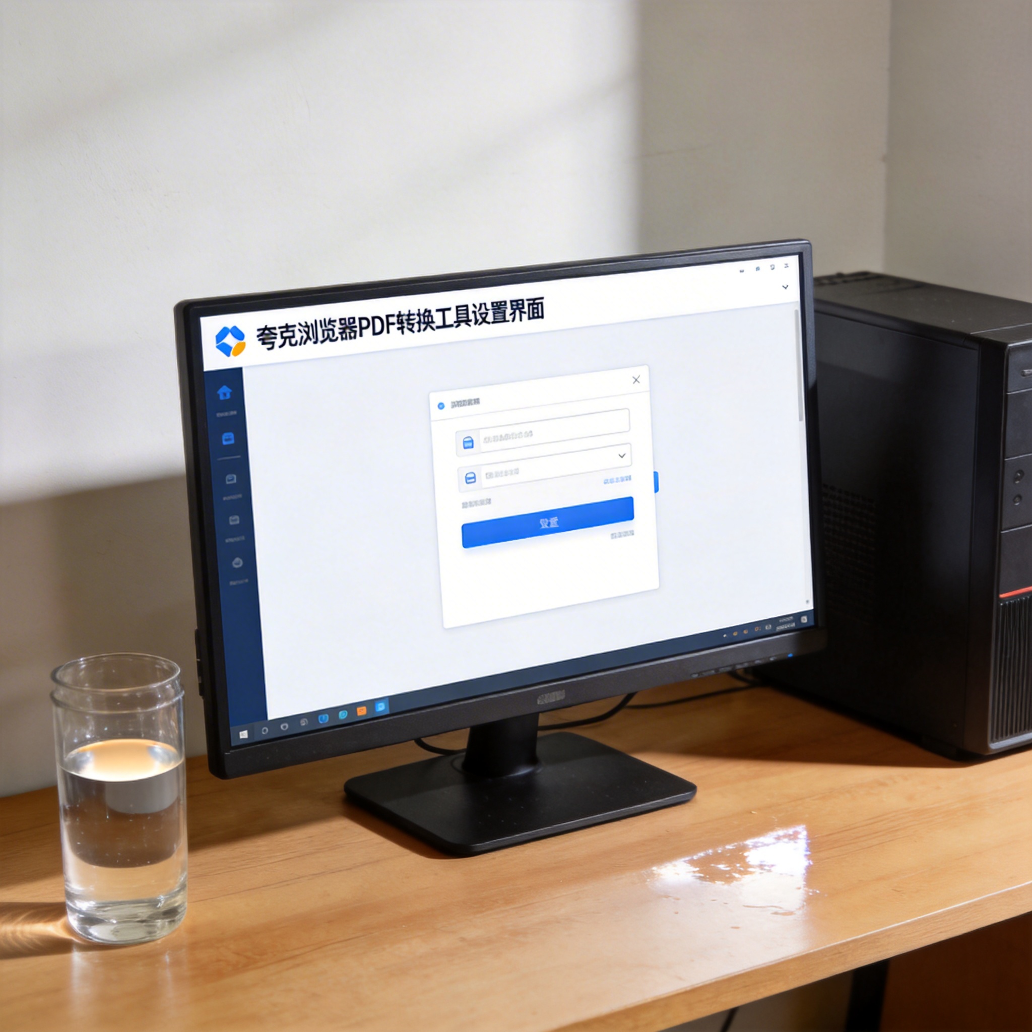 书桌上的主机，屏幕显示夸克浏览器 PDF 转换工具设置界面，桌角放着水杯，自然光