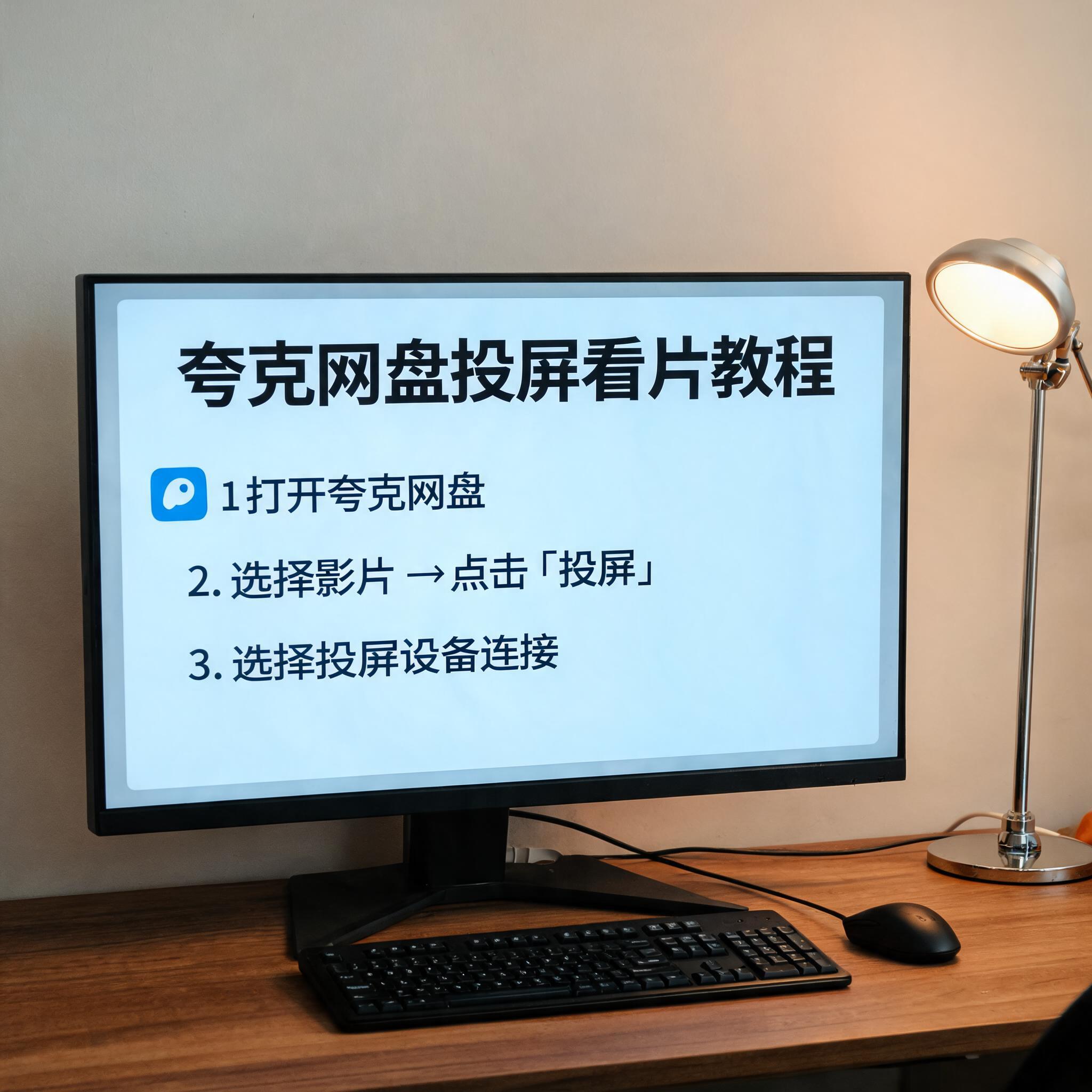 电脑桌上的电脑，屏幕显示夸克网盘投屏看片教程界面，旁边放着台灯