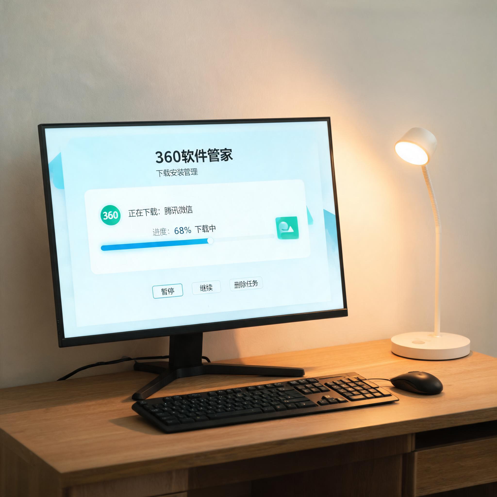 电脑桌上的电脑，屏幕显示360 卫士软件管理下载安装界面，旁边放着台灯