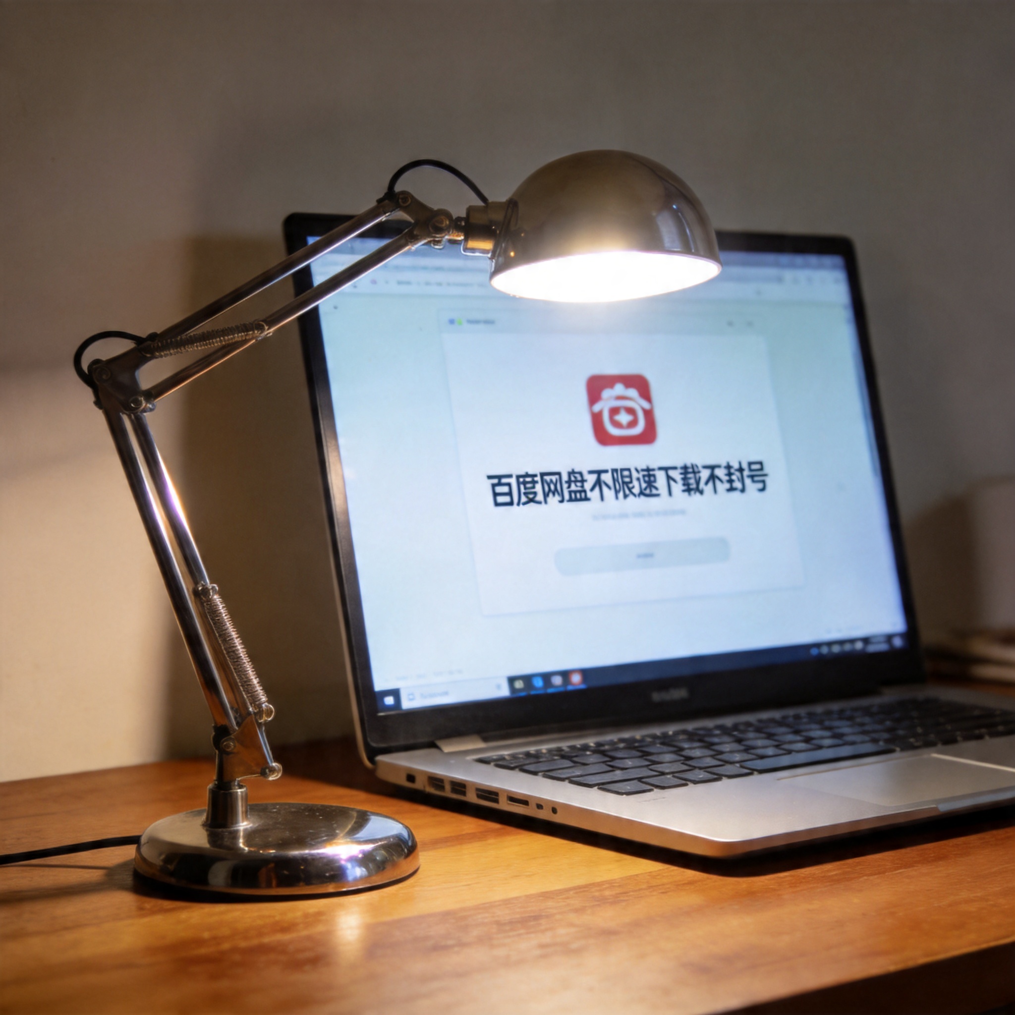 电脑桌上的电脑，屏幕显示百度网盘不限速下载不封号界面，旁边放着台灯
