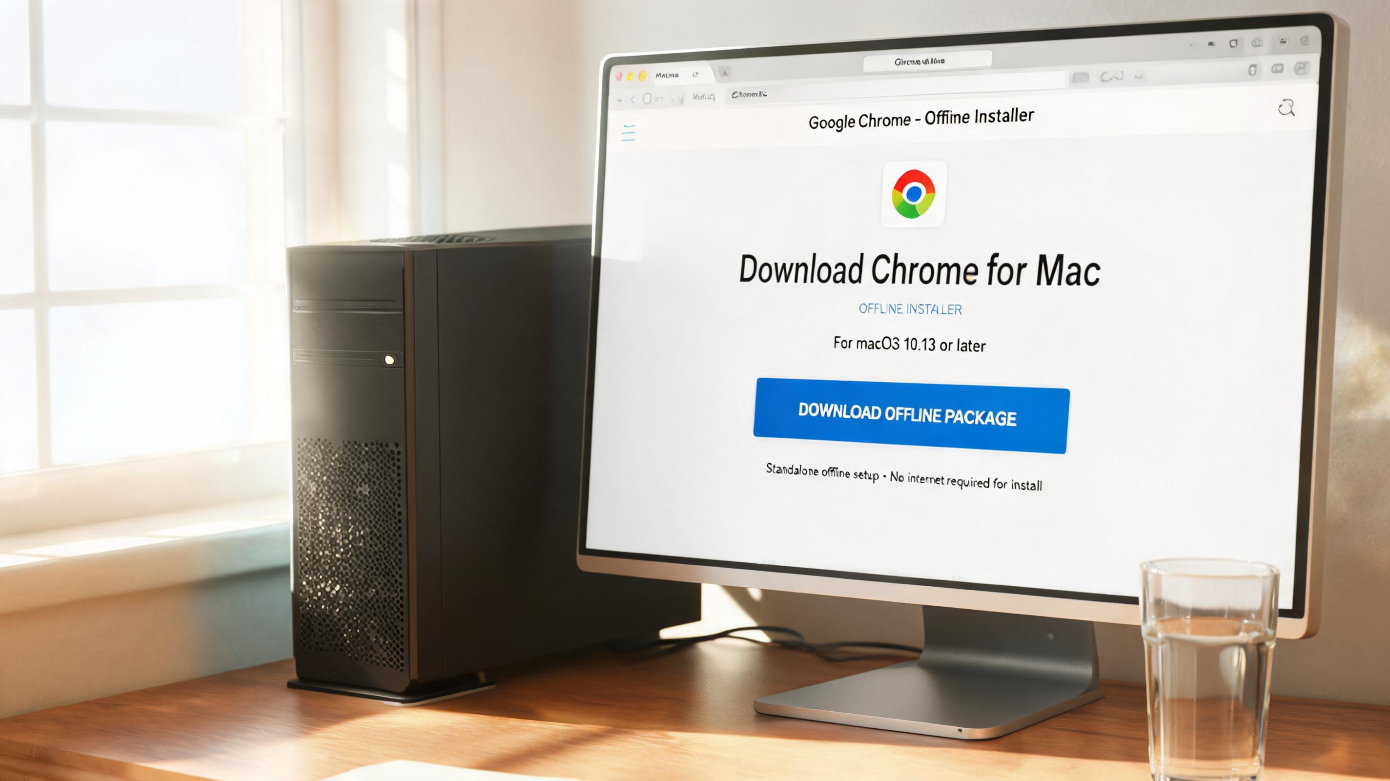 书桌上的主机，屏幕显示chrome mac版离线安装包官网下载设置界面，桌角放着水杯，自然光