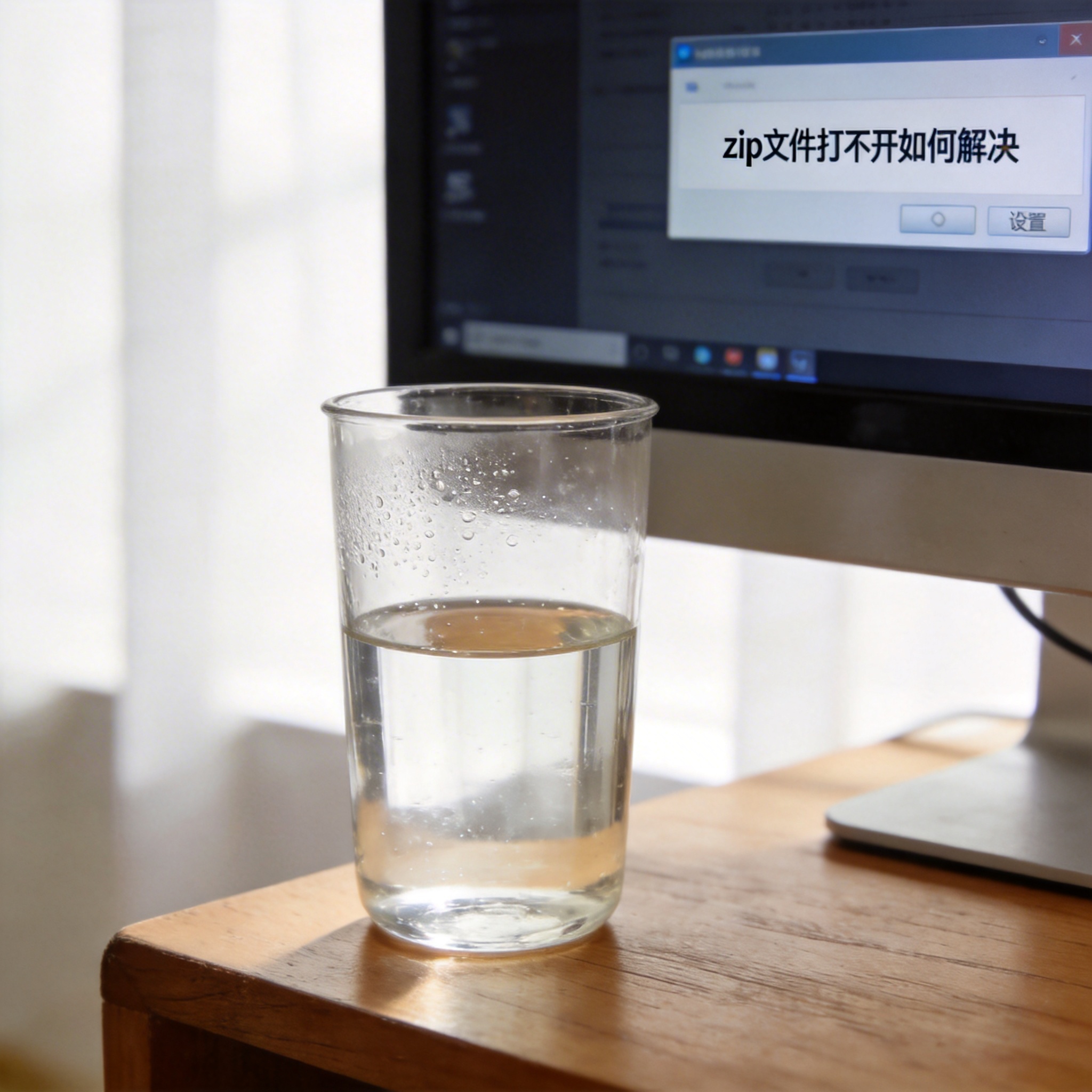 书桌上的主机，屏幕显示zip 文件打不开如何解决设置界面，桌角放着水杯，自然光