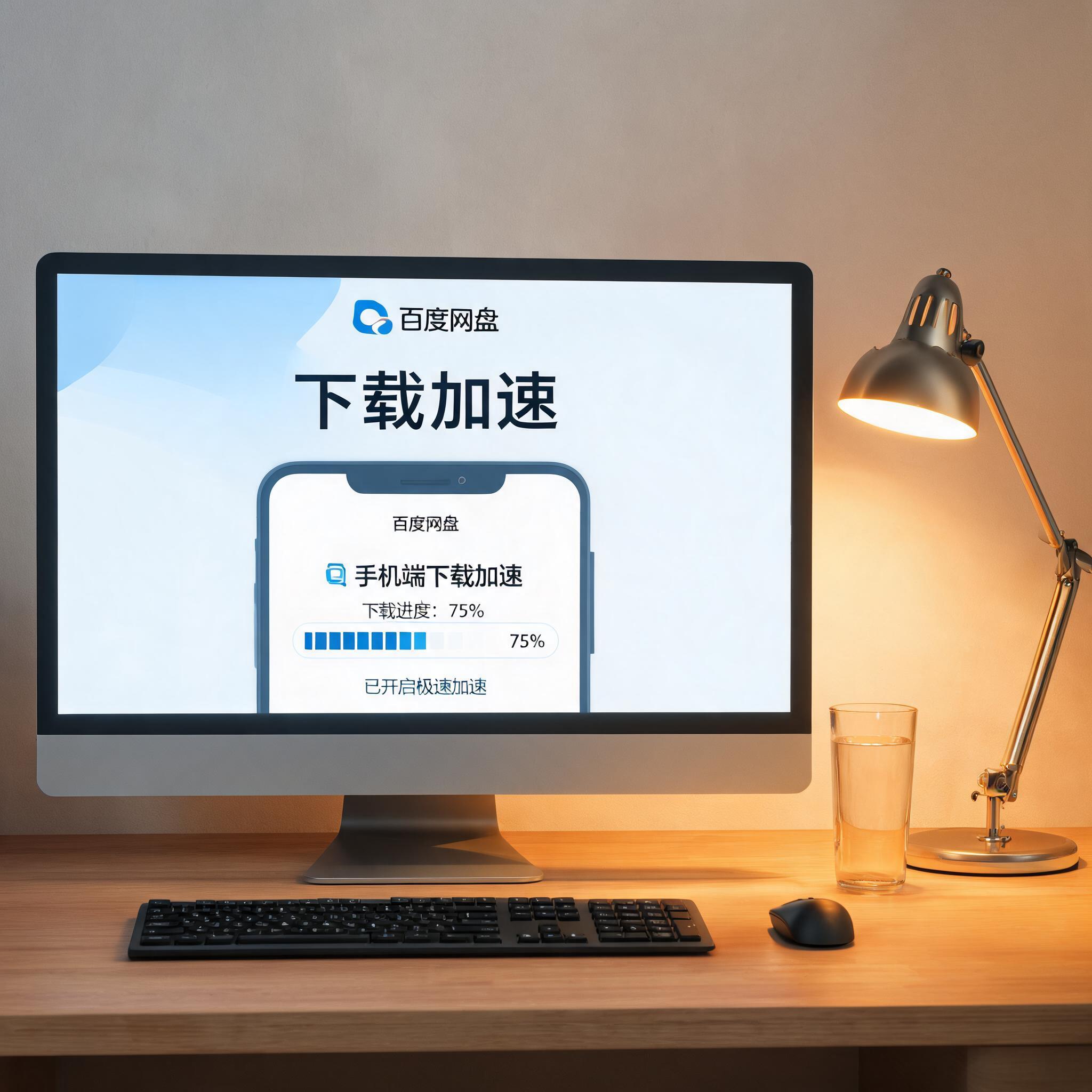 电脑桌上的电脑，屏幕显示百度网盘下载加速手机界面，旁边放着台灯