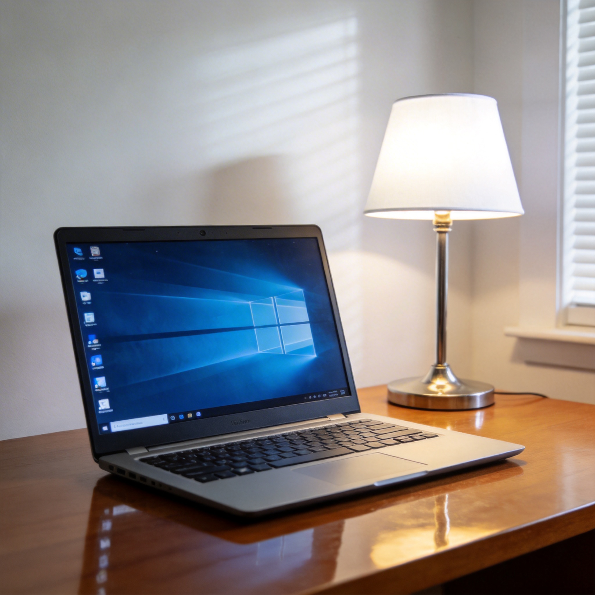 电脑桌上的电脑，屏幕显示Windows桌面，旁边放着台灯