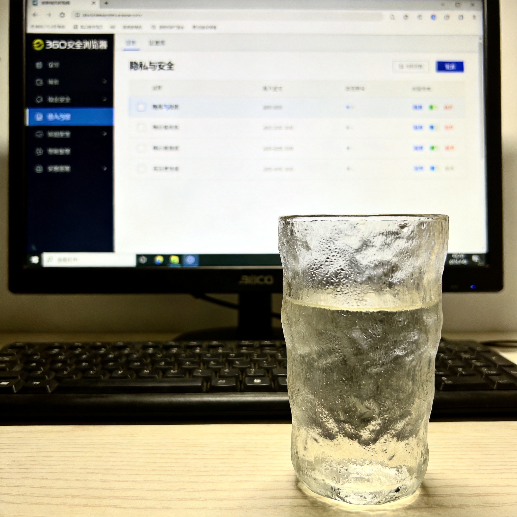 电脑桌的电脑屏幕显示360安全浏览器的设置页面，停在“隐私与安全”选项，旁边放着半杯凉白开，室内自然光