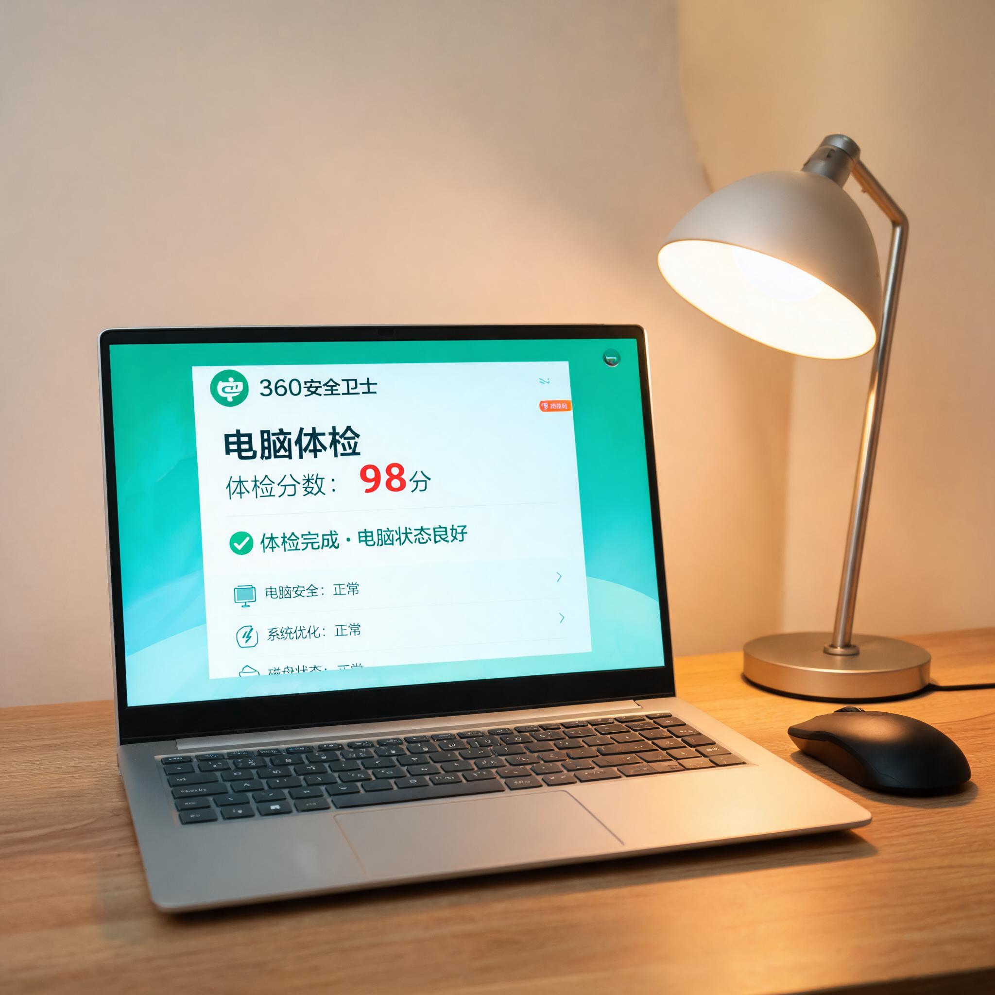 电脑桌上的笔记本，屏幕显示360 卫士电脑体检功能界面，旁边放着台灯