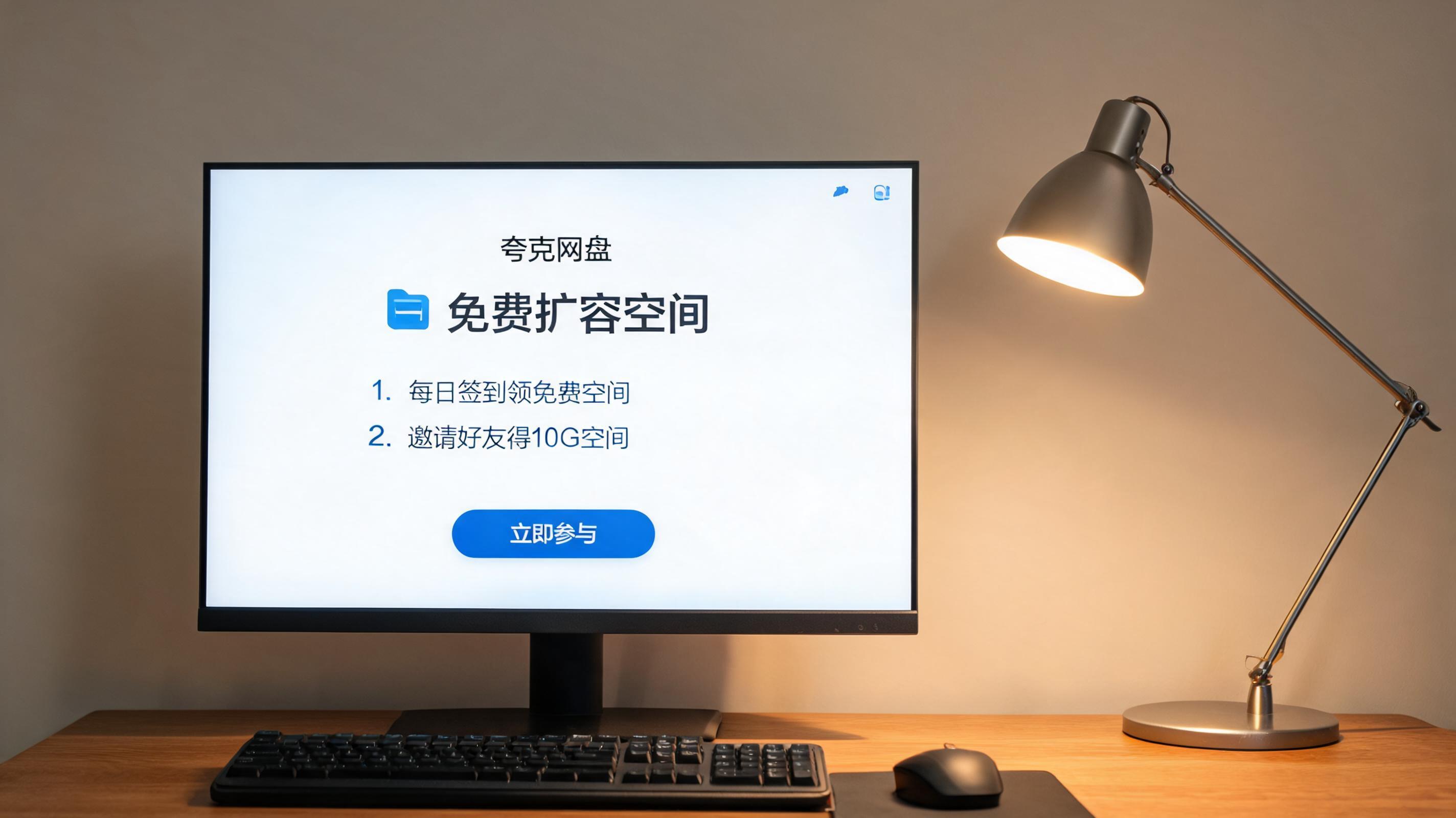电脑桌上的电脑，屏幕显示夸克网盘怎么扩容免费空间界面，旁边放着台灯