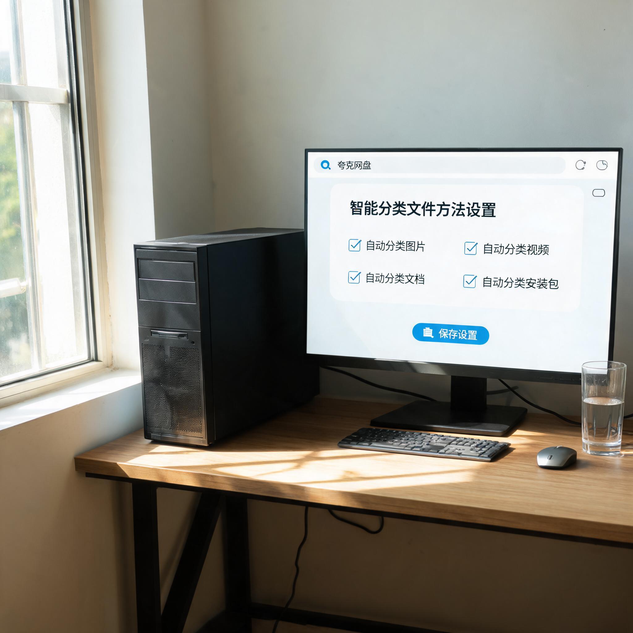 书桌上的主机，屏幕显示夸克网盘智能分类文件方法设置界面，桌角放着水杯，自然光