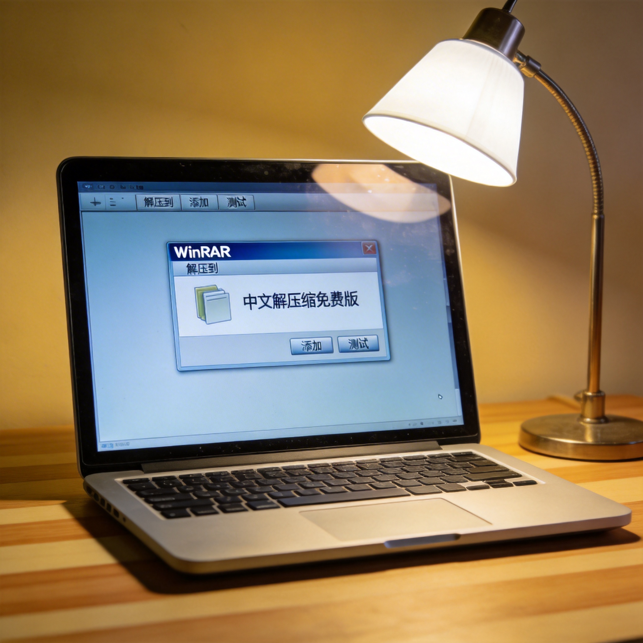 电脑桌上的电脑，屏幕显示winrar 中文解压缩免费版界面，旁边放着台灯