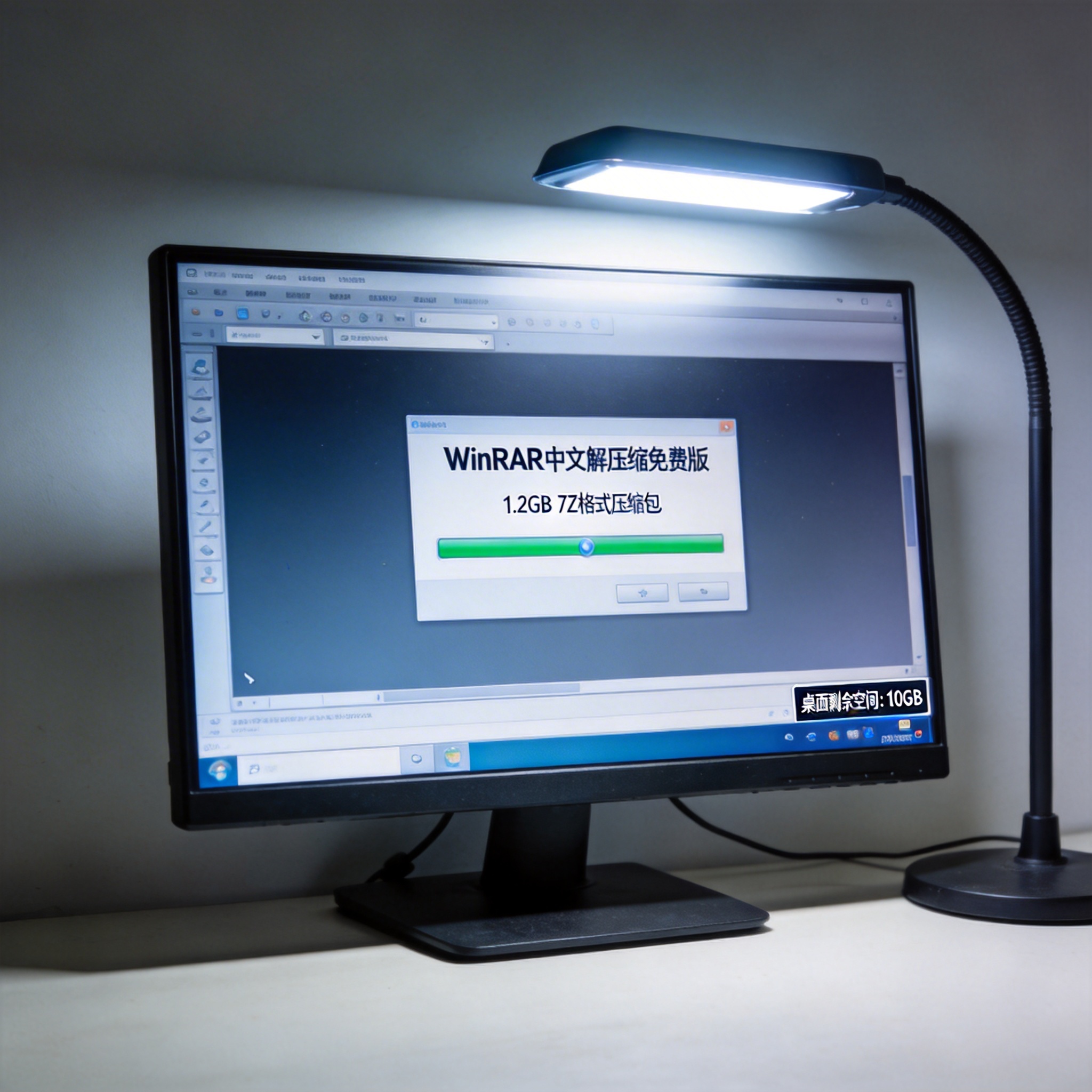 电脑屏幕显示WinRAR中文解压缩免费版界面，正在解压1.2GB的7Z格式压缩包，桌面剩余空间显示10GB，台灯冷白光